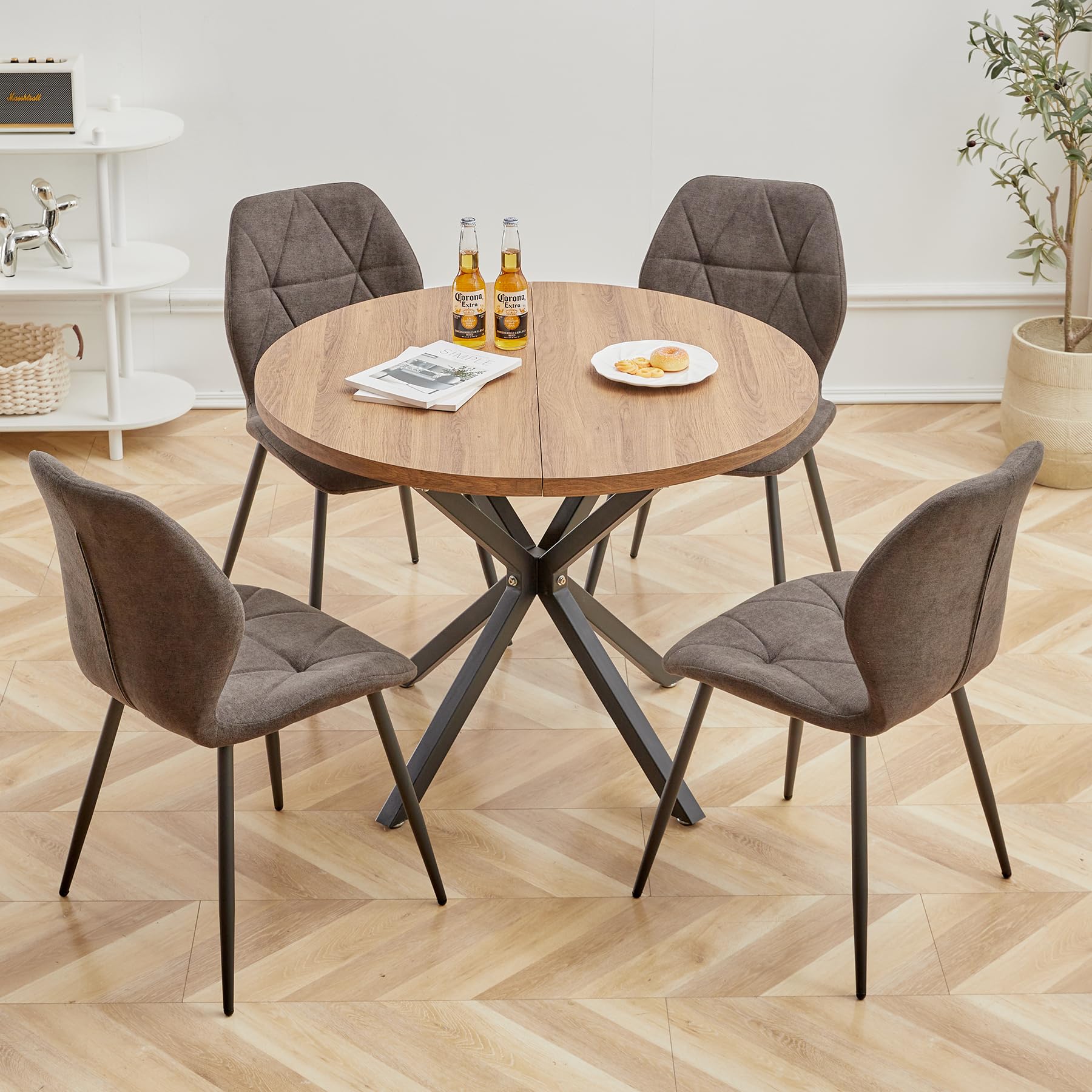 Set Sala da Pranzo, Tavolo da Pranzo Rotondo da 100 cm con 4 Sedie da Pranzo in Tessuto di Lino， Ideale per Cucina, Soggiorno, Sala da Pranzo (Legno Scuro+LX-Nero)