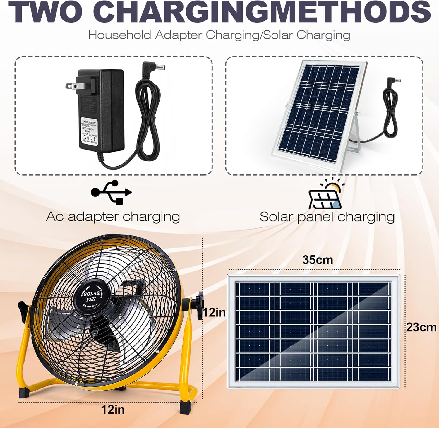 12" Solar Powered Fan for Outdoor - 15000mAh Battery Powered Portable Camping Fan with 20W Solar Panel & AC Adapter Charging, Rechargeable Cordless Floor Fans for Home/Patio/Garage/Worksites
