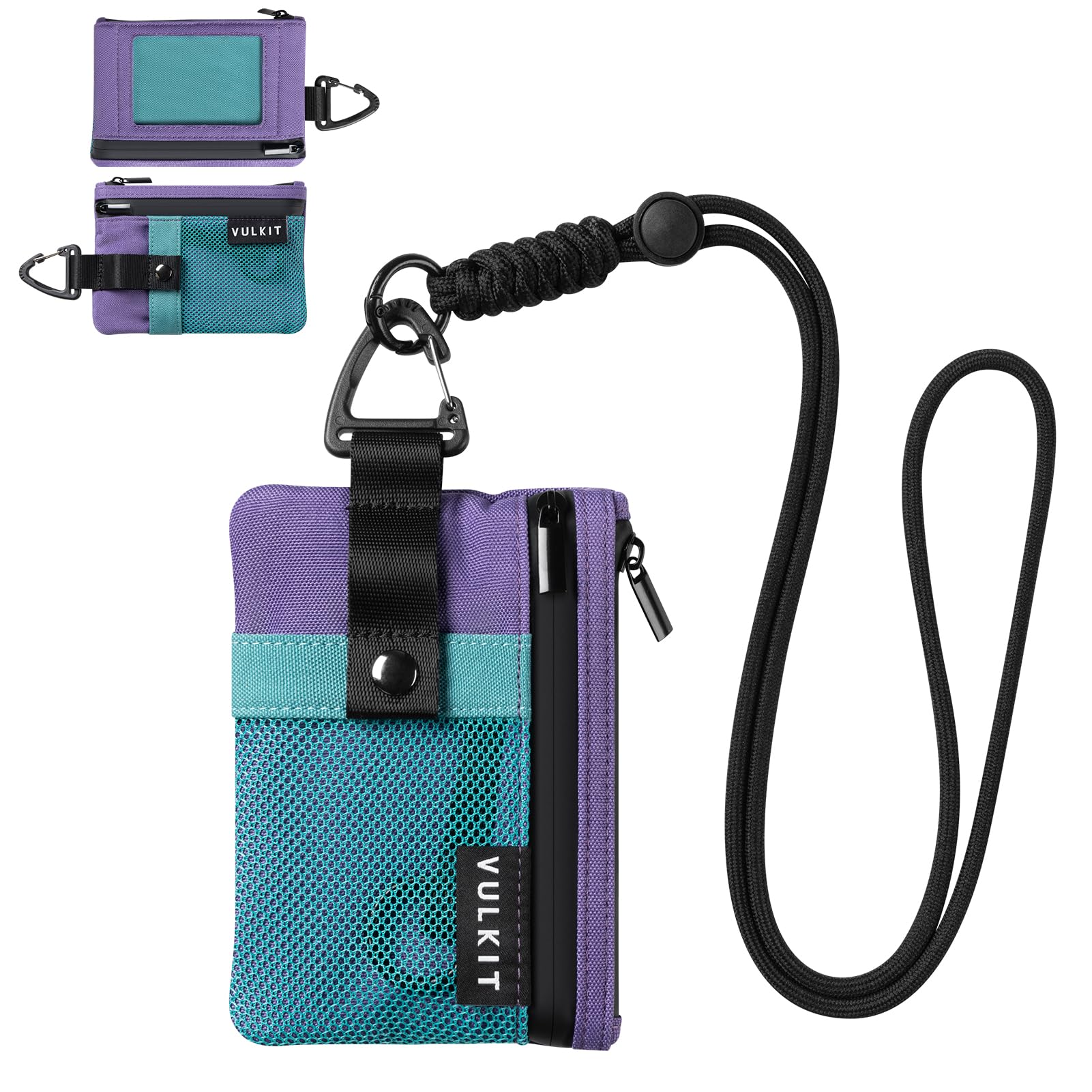 VULKIT Cartera pequeña Minimalista con Ventana de identificación, Tarjetero con Bloqueo RFID Cartera Resistente al Agua con Cremallera para Tarjetas de identificación (Verde Aaua-Morado)