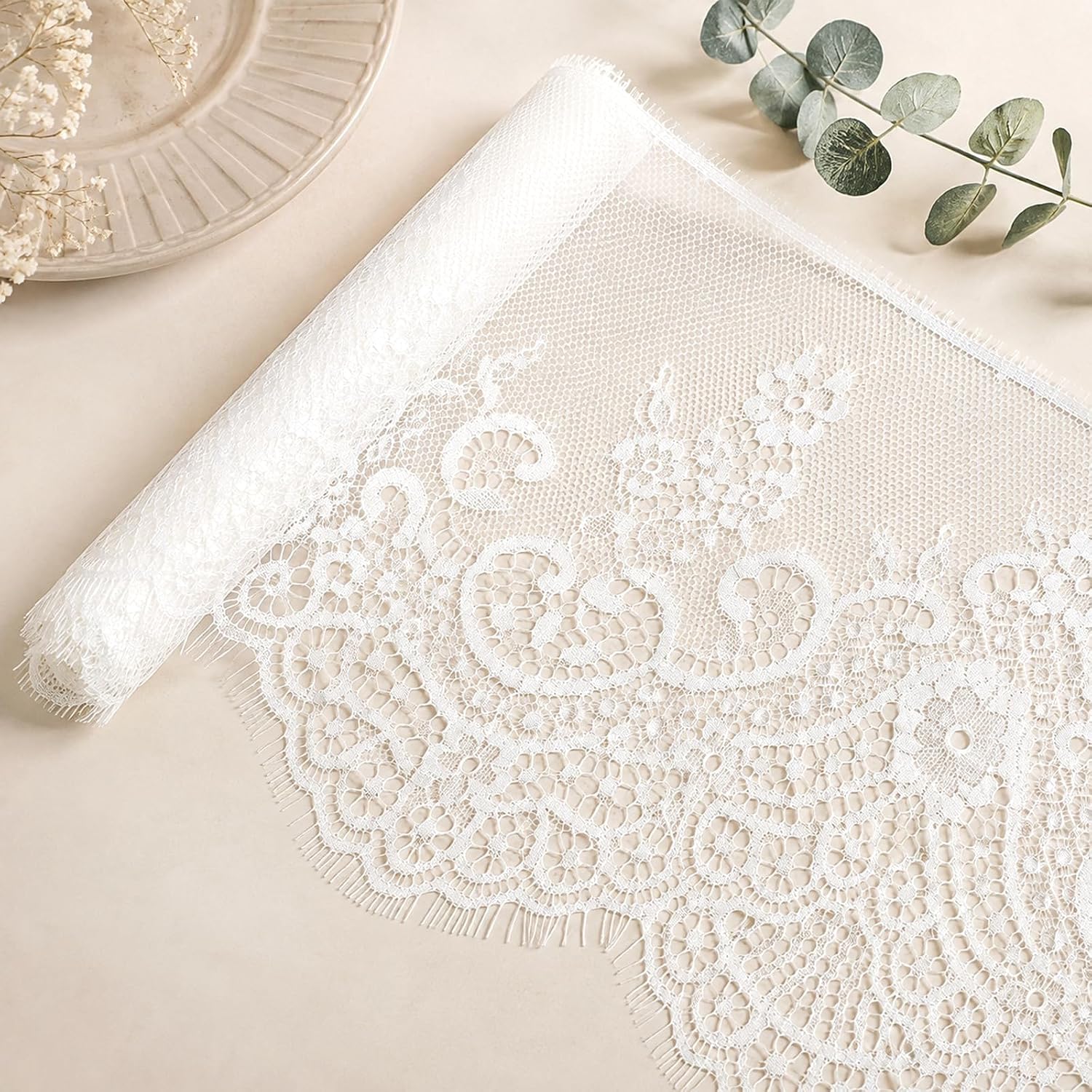 White Lace Fabric for Sewing Floral Eyelash Lace Trim 7 Inch Wide 118 Inch