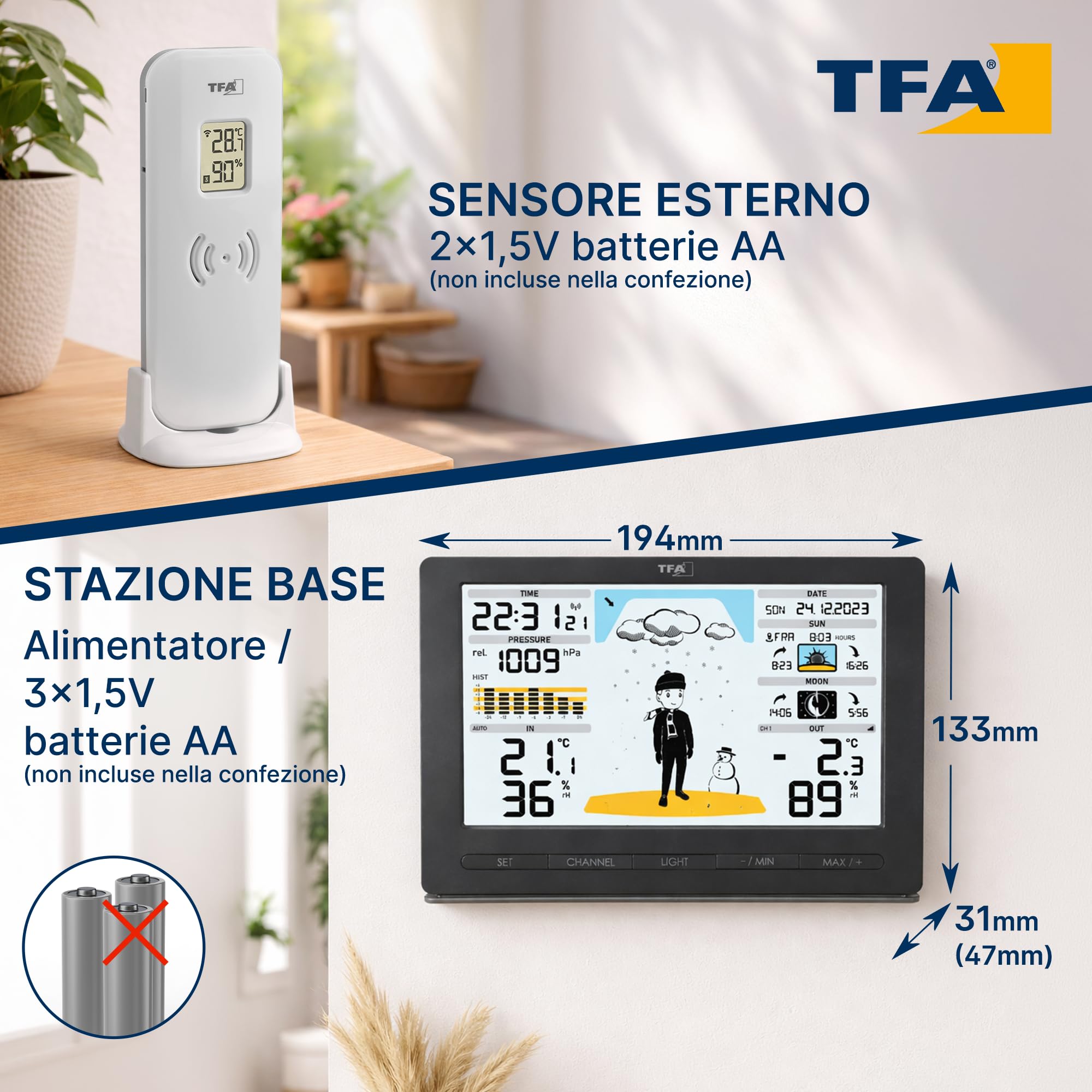 TFA Dostmann Stazione Meteo Wireless METEO JACK, 35.1097.01, con Sensore Esterno Radiocontrollato, Previsioni del Tempo, Pressione Atmosferica, Fasi Lunari, Orologio Radio, Nero
