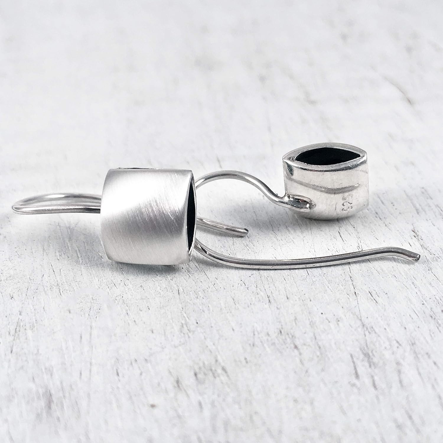 Square Cushion Shape Hook Drop Earrings, Sterling Silver 925 Satin and Polished finished sides, Dark Oxidized Interior, Handmade by Claudia Lira. Great for Sets.