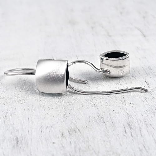 Miniatura 4 de Square Cushion Shape Hook Drop Earrings, Sterling Silver 925 Satin and Polished finished sides, Dark Oxidized Interior, Handmade by Claudia Lira.