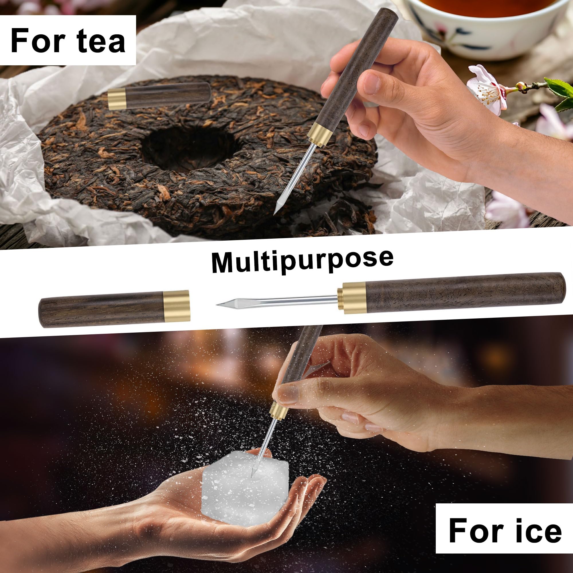 Juego de 4 palillos de hielo, trituradora de hielo de acero inoxidable con mango de madera, kit de barman trituradora de hielo con pinzas, ideal para bares, cocina y arte de tallado 3