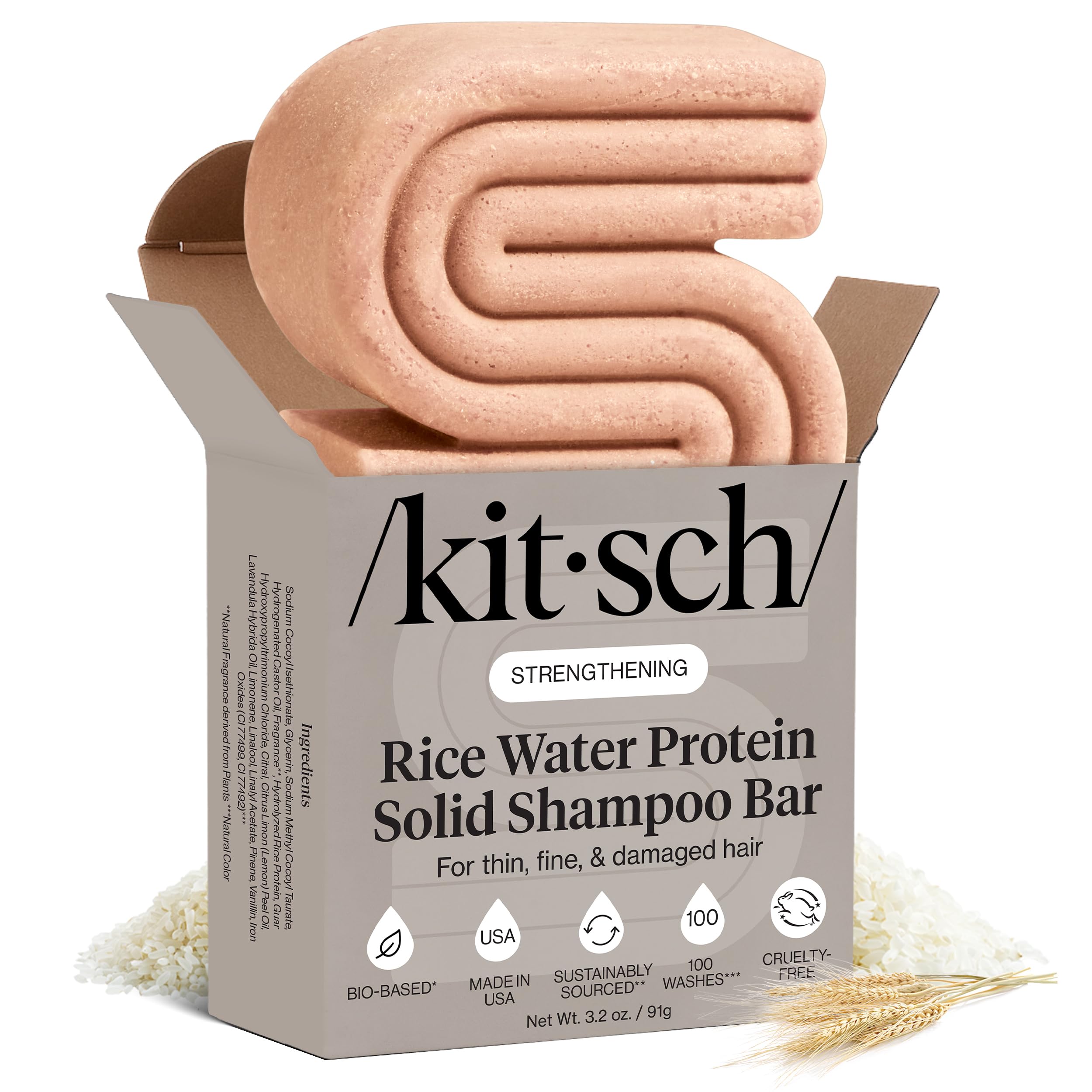 Kitsch Hair Growth | Rice Shampoo Bar for Strengthening | Helps Dry Hair | Made in US | All Natural | Moisturizing | Vegan Solid Shampoo Bar for Hair | Rice Water Shampoo Bar | Zero Waste, 3.2 oz
