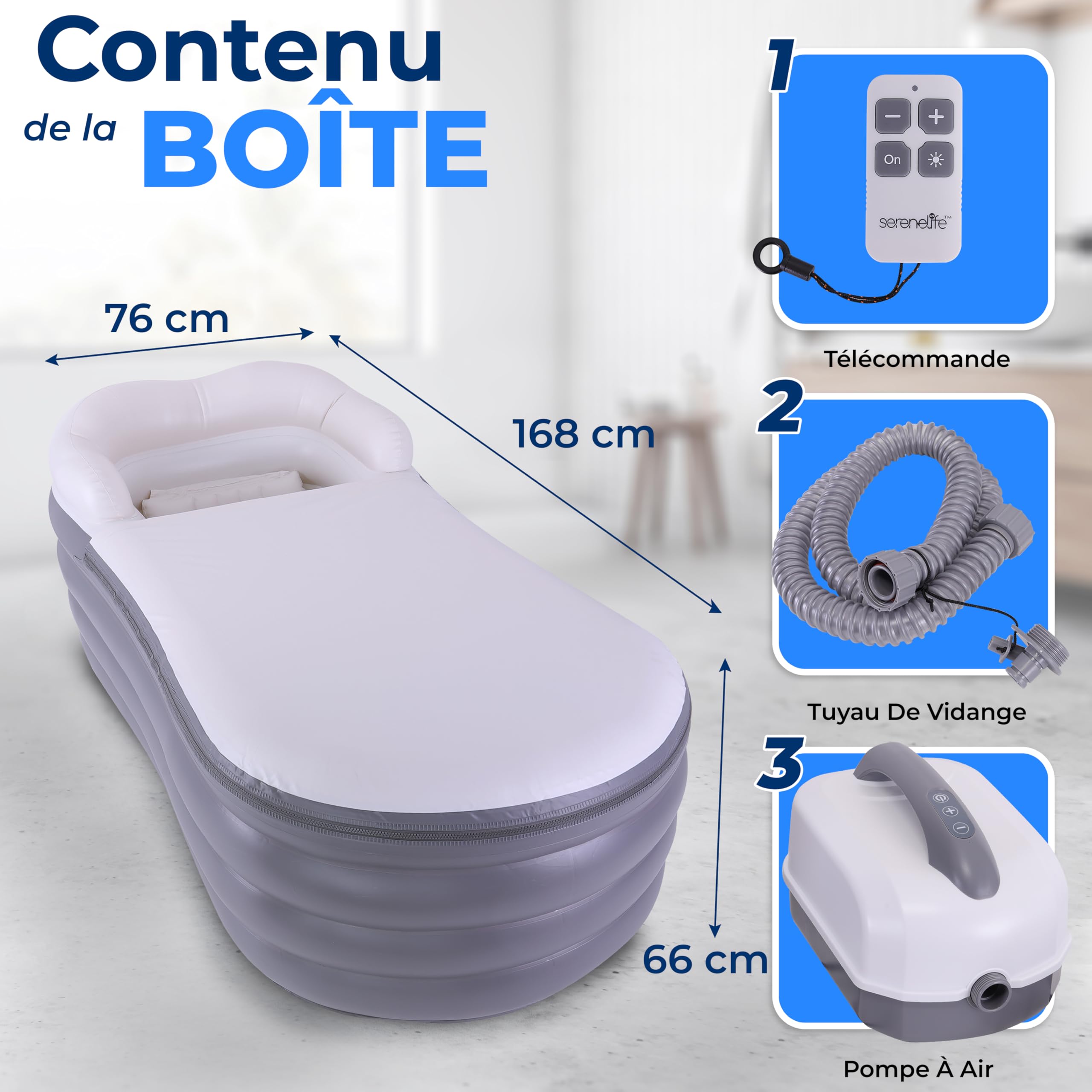 SereneLife Baignoire de Spa avec Tapis de Massage à Bulles, Baignoire Gonflable avec Coussin, Porte-Gobelet, Télécommande pour Éclairage LED, Dossier et Accoudoirs, Convient jusqu'à 86 kg
