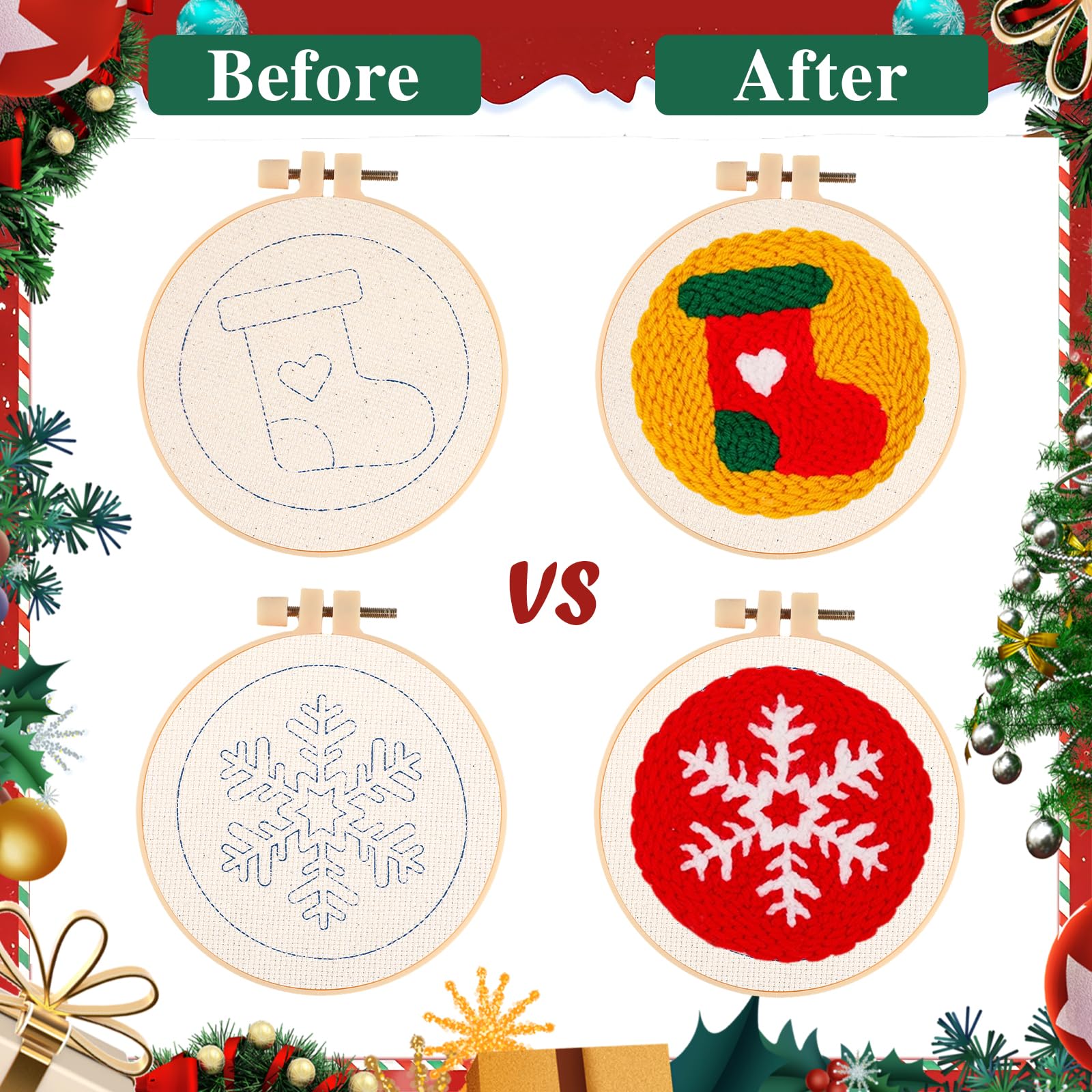 JSRQT 4 Pcs Punch Needle Kit Coasters di Natalizi, Kit per Principianti Punto Croce Fatto a Mano Adulti Bambini, Set di Aghi Punzonatura Ricamo con Strumenti, per Decorazioni Natalizi