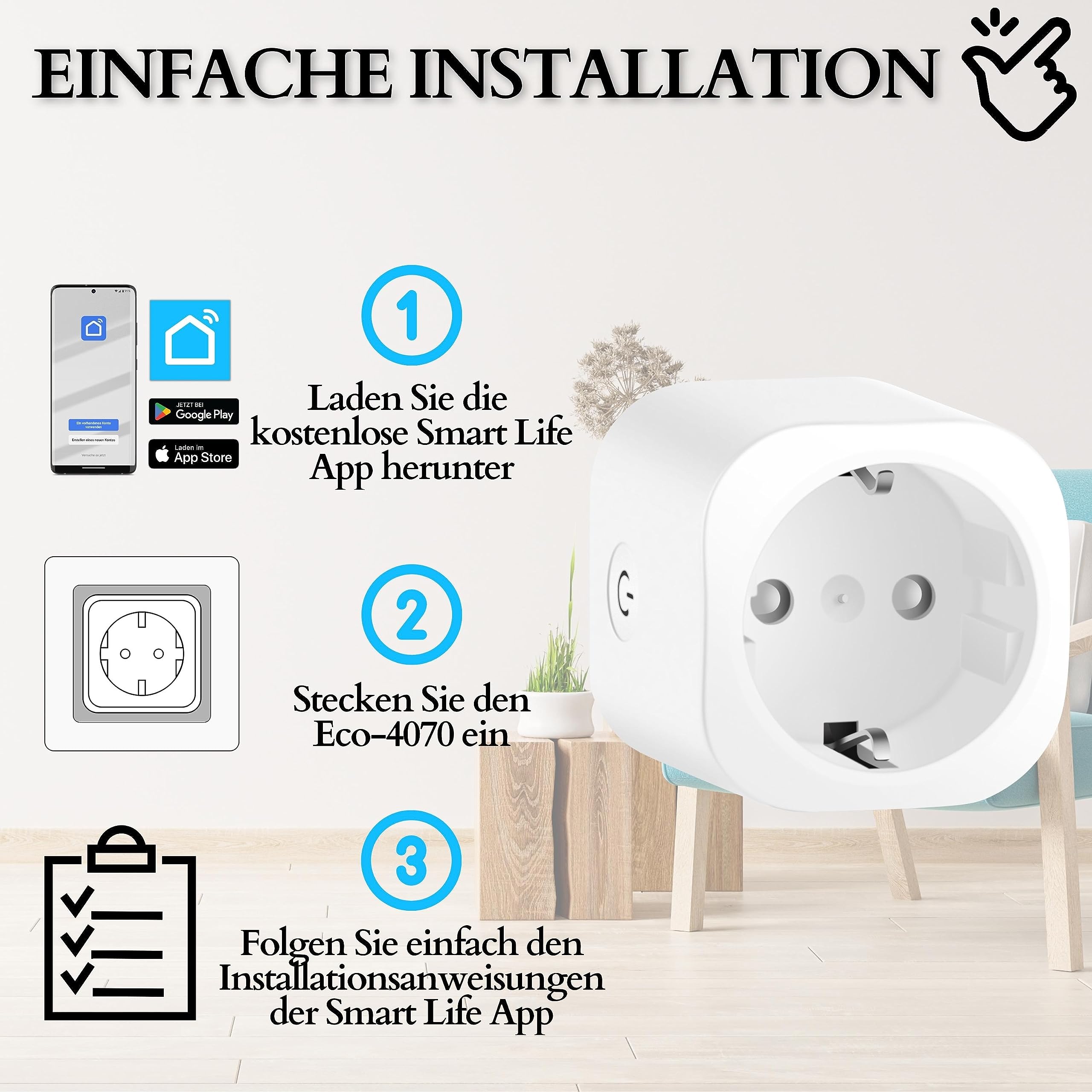 Echos Presa Smart WiFi, 4 pezzi, controllata da app, con monitor di energia, controllo vocale con Google Home e Alexa, Smart Home