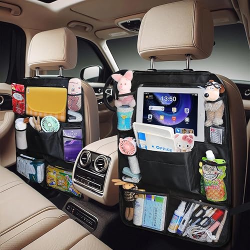 Organizador de asiento trasero de automóvil con soporte para tableta de pantalla táctil, bolsillos de almacenamiento, bandeja plegable para