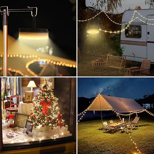 Miniatura 7 de Paquete de 2 tiras de luces solares para campamento, 39.4 pies, luz de campamento portátil impermeable con 8 modos de iluminación, funciona con