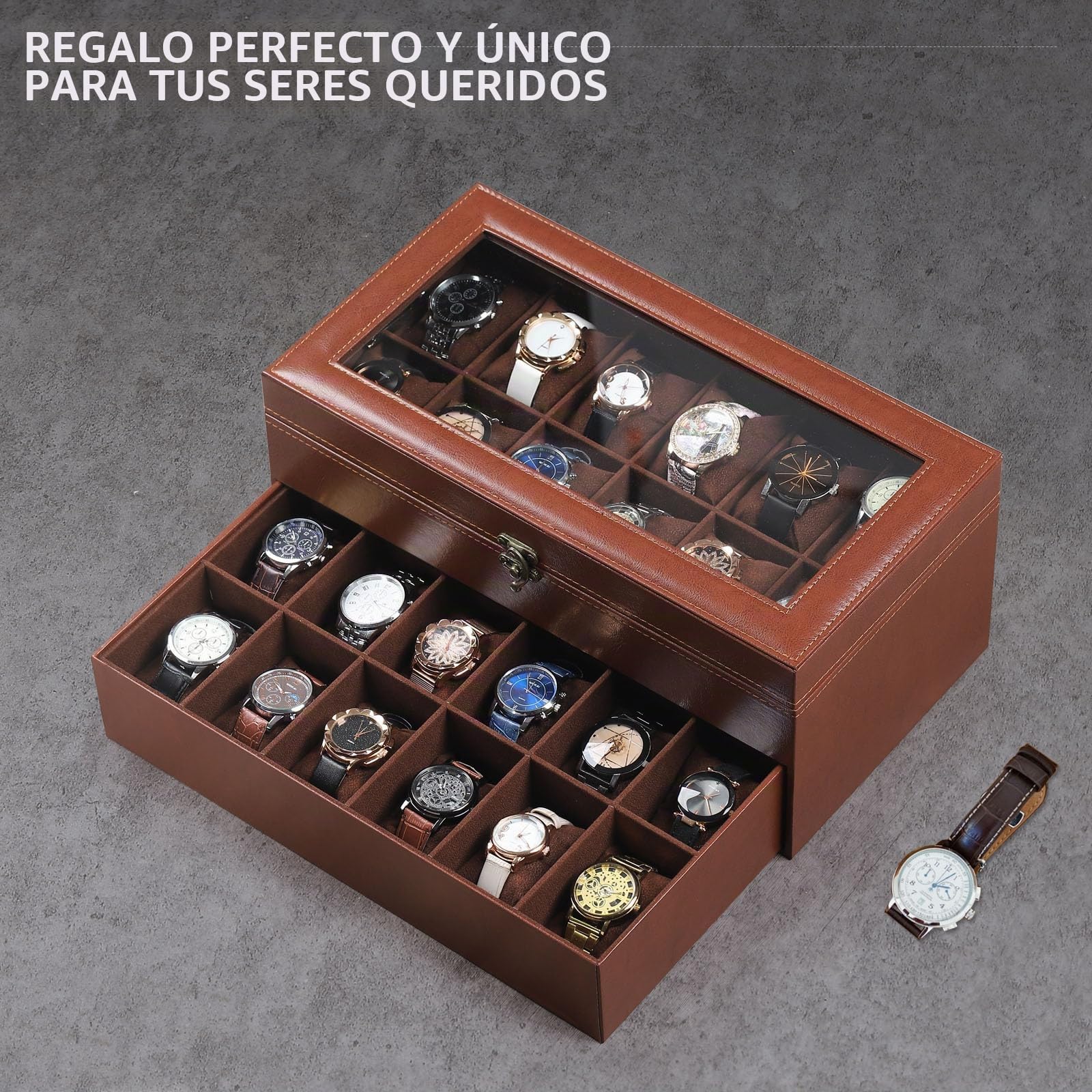 AUTOARK Caja organizadora de piel y terciopelo con 24 compartimentos para relojes, joyero con tapa de vidrio, cajón con cerradura, cojines extraíbles para relojes, color café, MKAW033