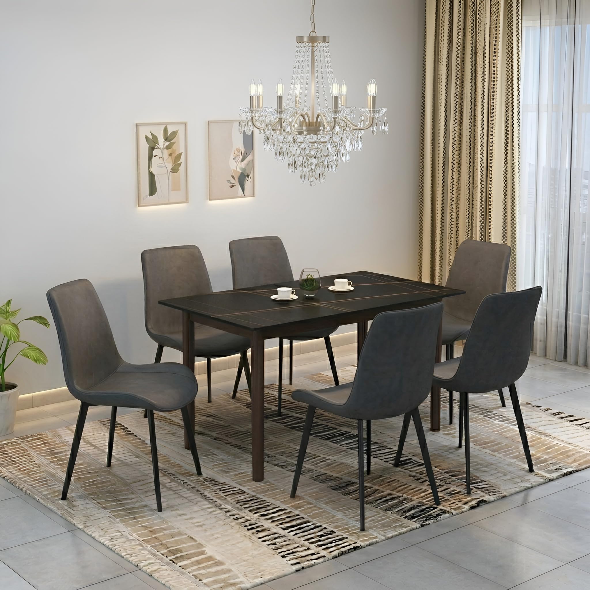 Nebula Six Seater Faux Marble Dining Set | 15mm Sintered Stone Dining Table | Upholstered Metal Chairs | Solid Wooden Frame |Galaxy Black (DIY Assembly)-image-35