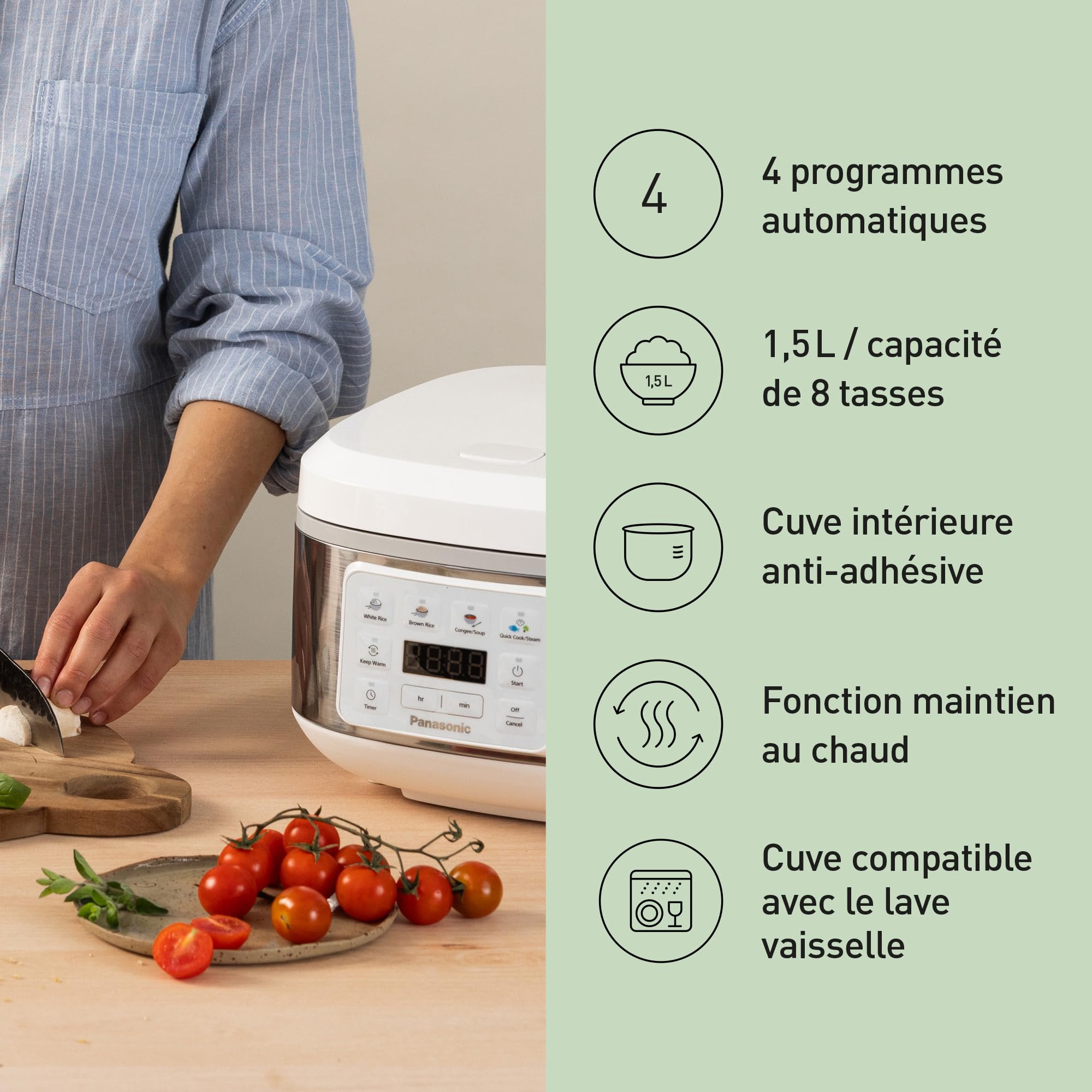 Panasonic SR-DA152WXE Cuiseur à Riz et Cuiseur Vapeur, 1.5L, 8 tasses, Fuzzy Logic, Indicateur de Quantité d'Eau, sans BPA, Maintien au Chaud, Départ Différé, Blanc