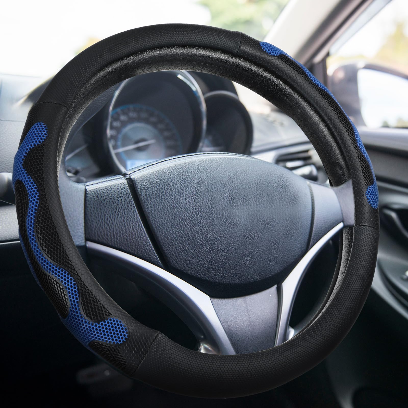 Photo 1 of DaisyInner 15 Inch Truck Steering Wheel Cover Leather Wheel Semi-Truck Comfy Grip Cover Anti Slip Car Accessory, Fits Rv, Big Rig and Classic Car (Blue, Classic Style)