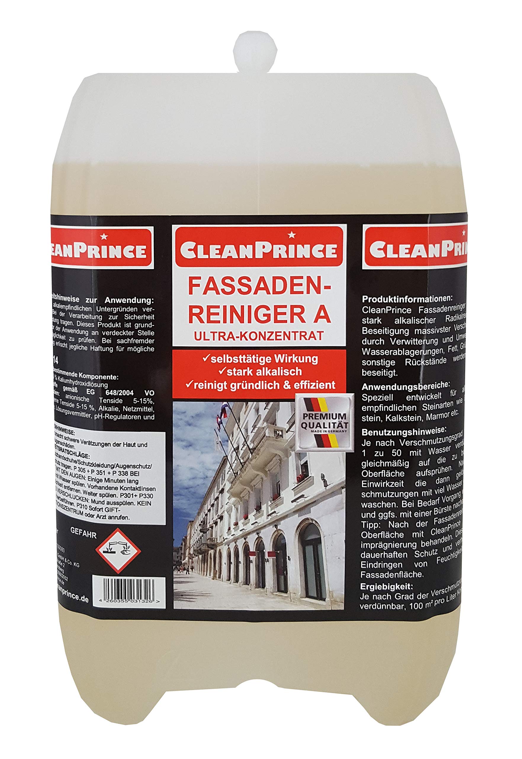 5 Litros Garrafa cleanprince Fachada más Limpia Limpiador a Alcalino Ultra-Konzentrat de Exterior para Todos Säureempfindlichen Steinarten Hormigón Bloques Piedra Caliza Mármol Etc. Radicales Fondo