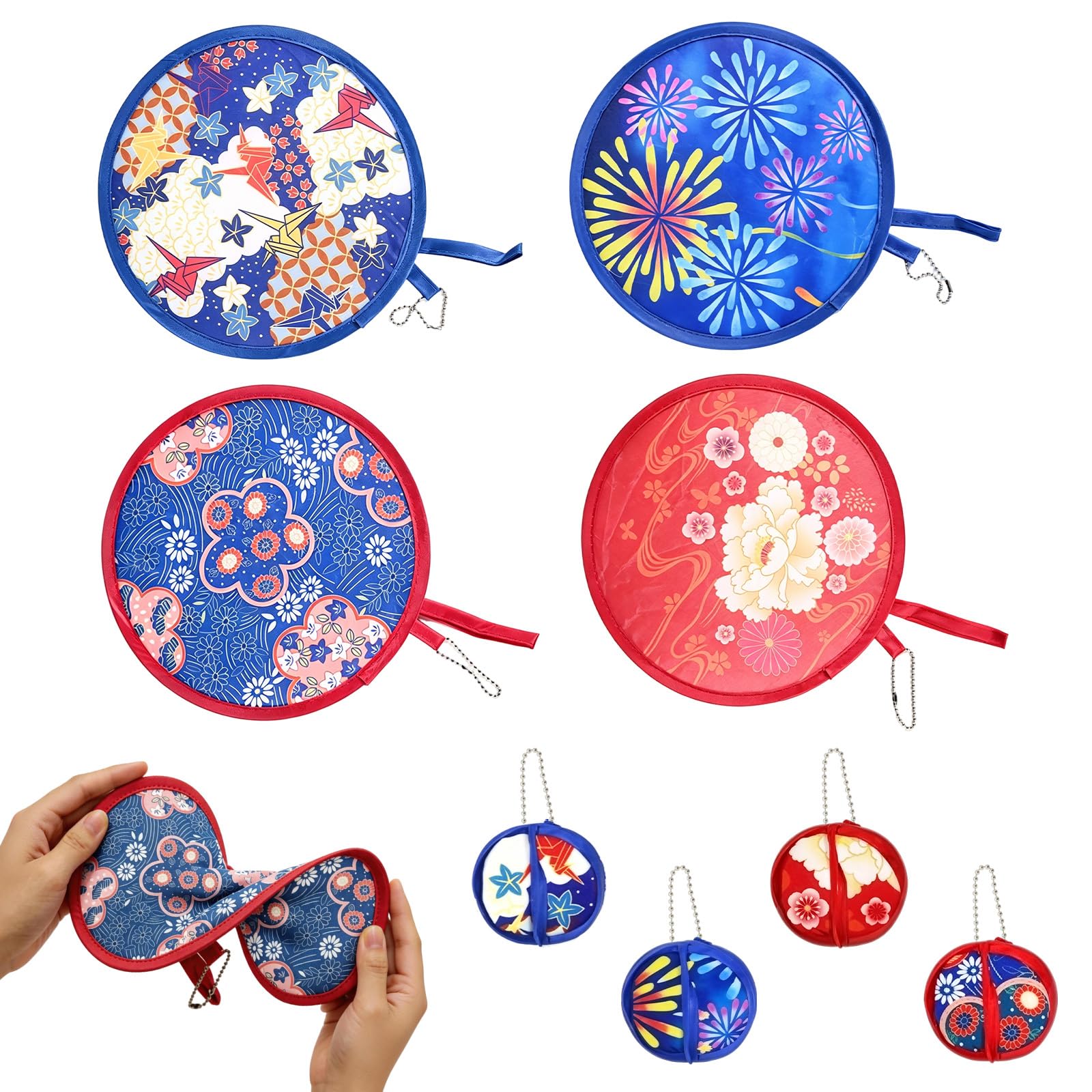 Rndqw 4PCS Folding Fan, Hand Held Fans Folding, Round Foldable Fans Handheld, Summer Portable Chinese Japanese Fan for Wedding Gift Outdoor Games Festival Party Personal Decoration