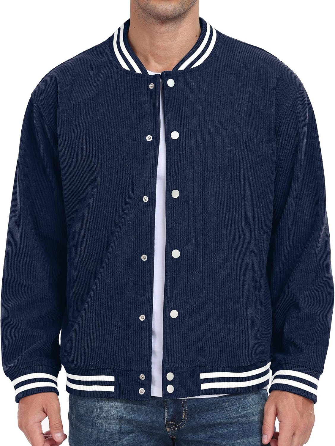 Askdeer Men's Casual Shirts Corduroy Button Down Varsity Jacket Long Sleeve Bomber Baseball Jacket