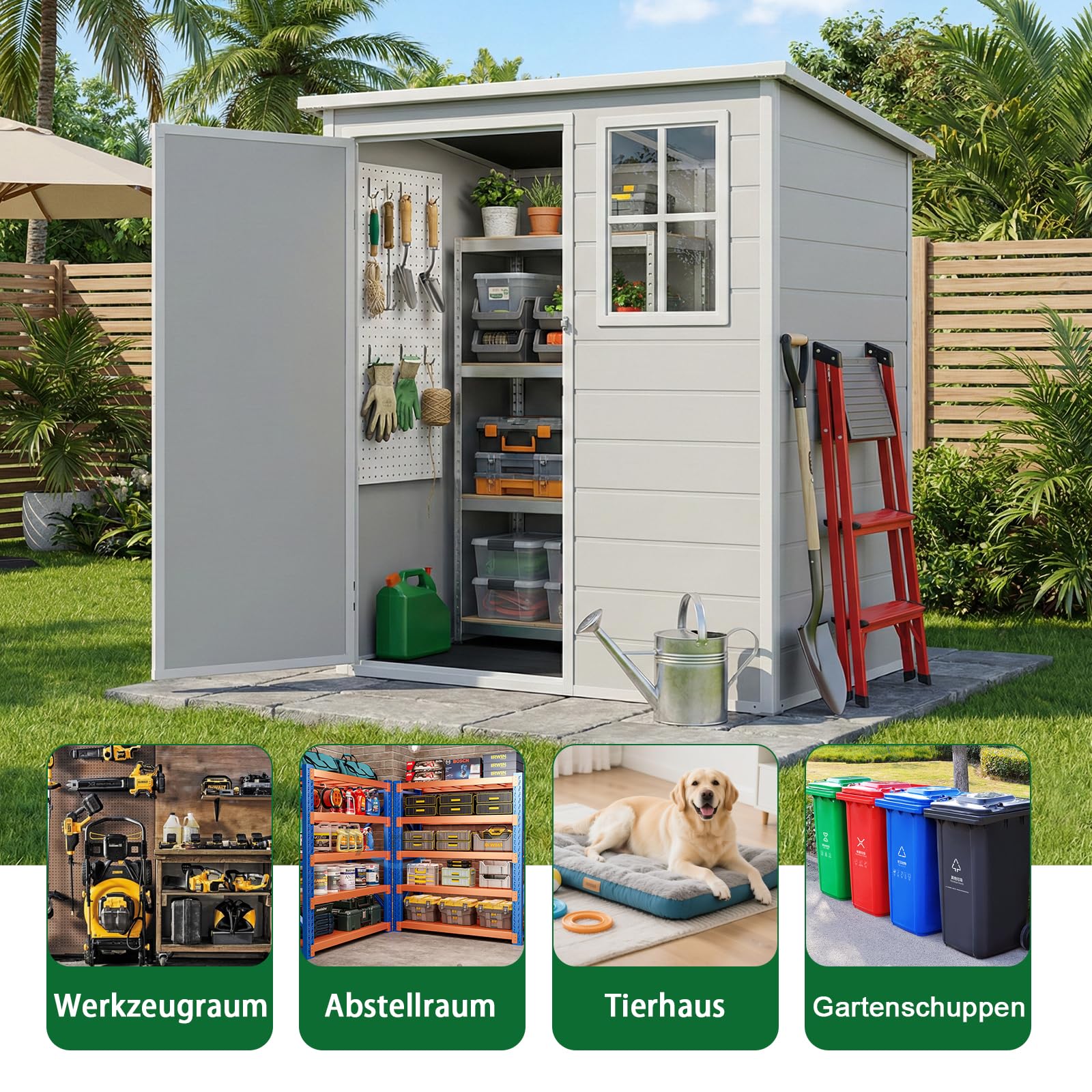 Kunststoff Gerätehaus 138×110.5×182cm,Geräteschuppen mit Fenstern, Schrägdach und Sicherer Tür,Zur Aufbewahrung von Gartengeräten. Inklusive Bodenplatte,Ideal für Garten,Terrasse