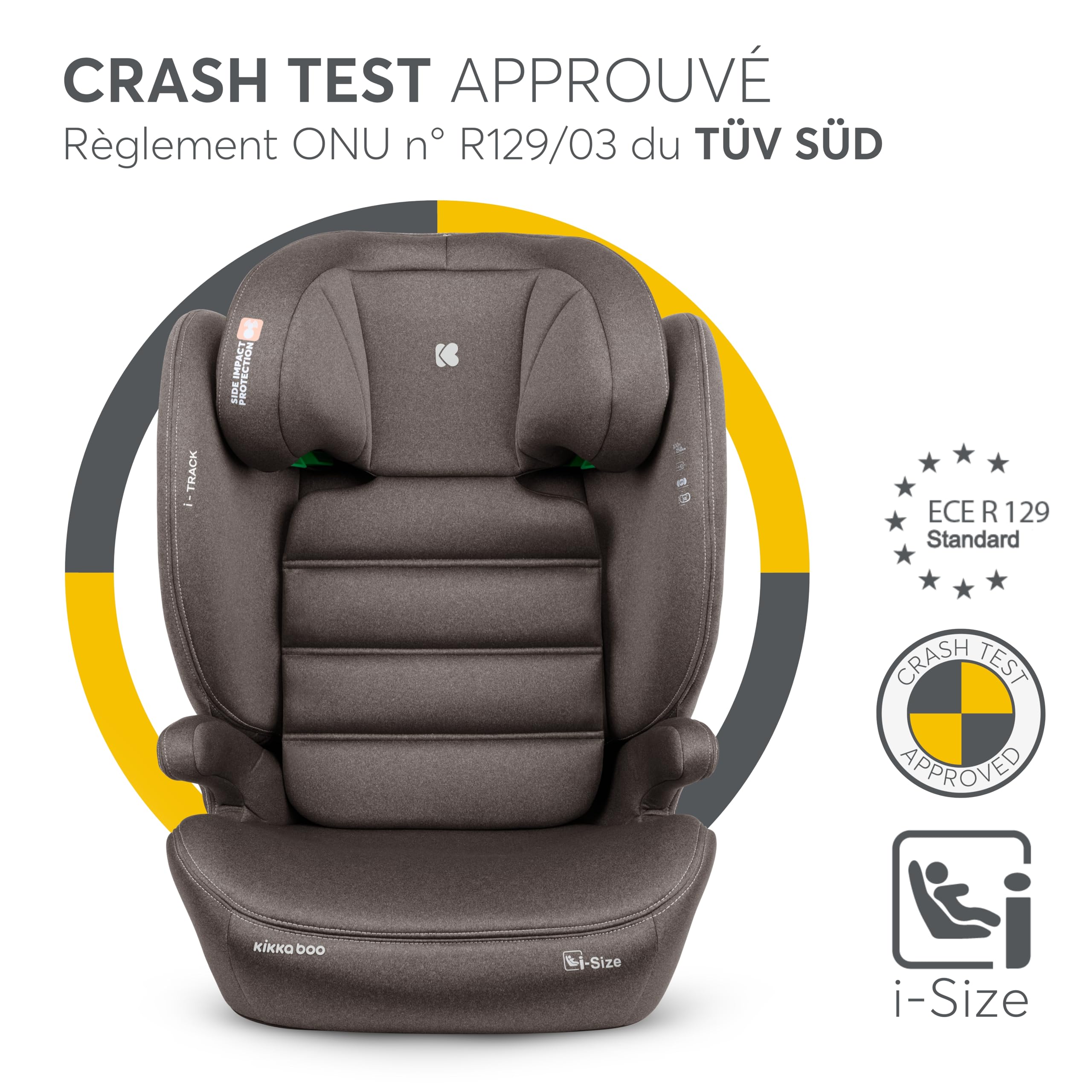 Siège auto KikkaBoo i-TRACK i-Size, 100-150 cm, siège auto groupe 2-3 ISOFIX, de 3,5 à 12 ans, de 15 à 36 kg, siège auto, Système de protection latérale SPS, appui-tête réglable en 12 positions, beige