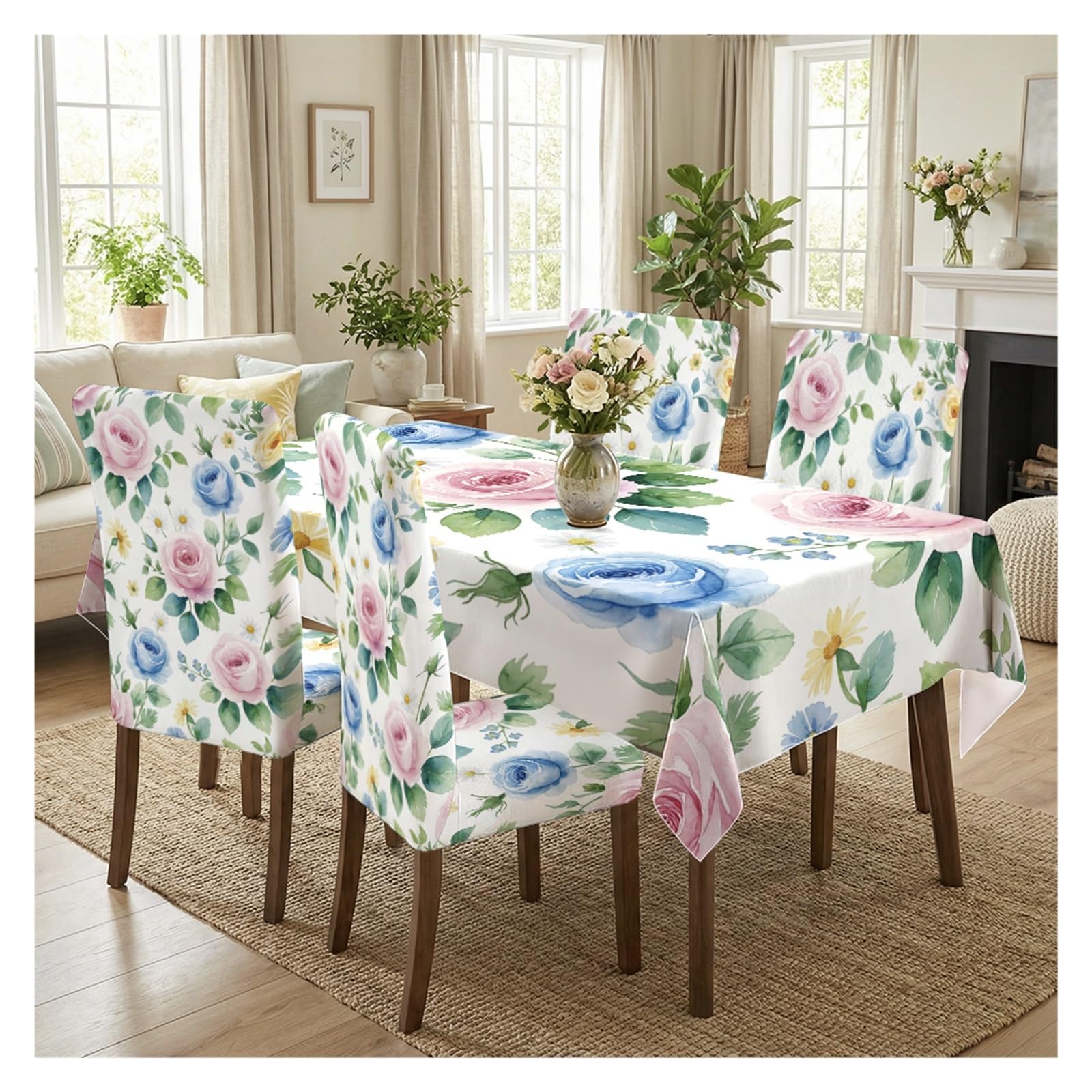 KXUAUV Watercolor Rose Print Tablecloth & Chair Covers Set, Slipcovers For Dining Room, Kitchen, Brunch & Cottage Decor, 5/7 Pack Party Decor(5pcs Set: Tablecloth+Chair Covers)