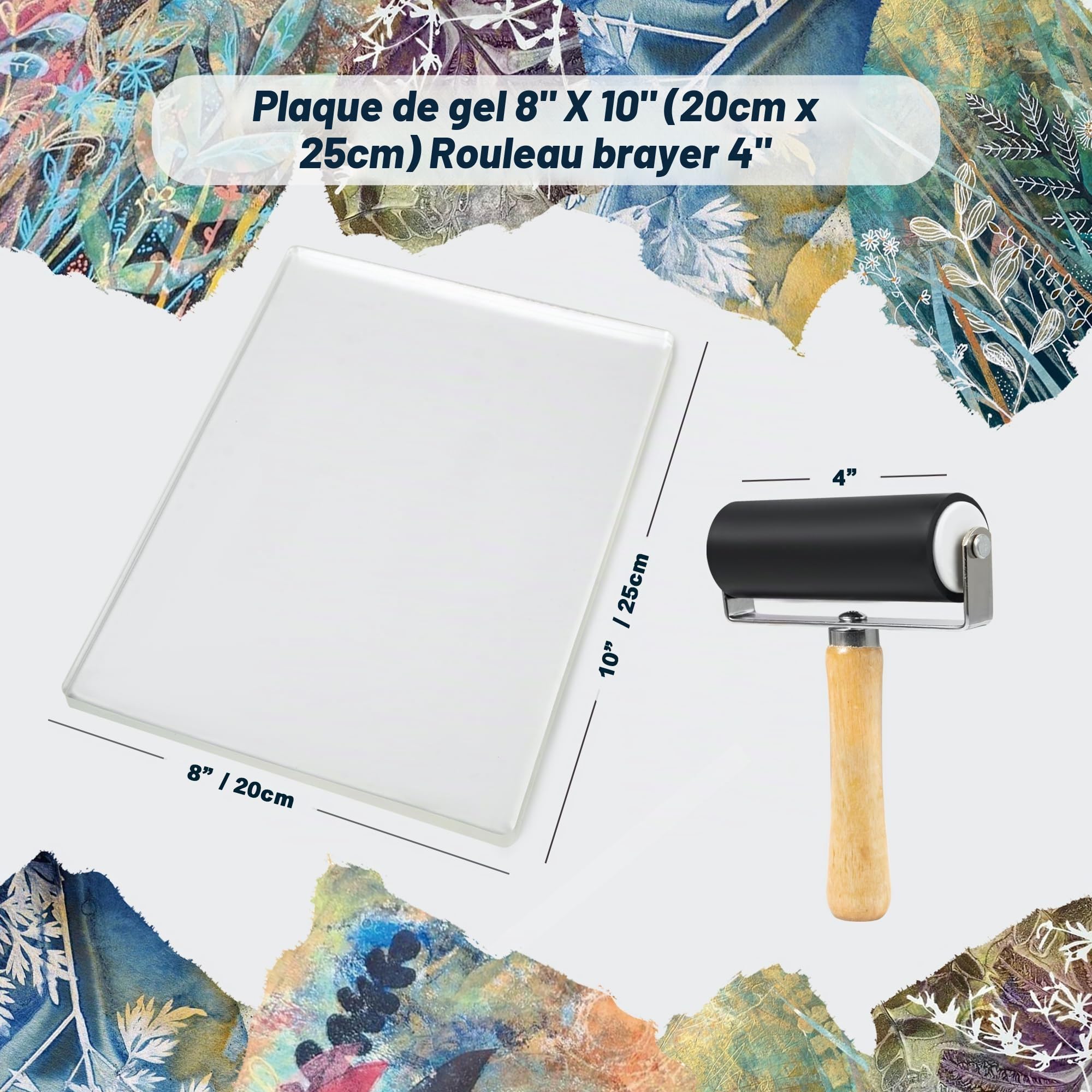 Kit complet de plaques d'impression gel avec plaque de gélatine de 20,3 x 25,4 cm, brayer, papier de gravure, peinture acrylique et outils essentiels pour art mixte, monopintage,