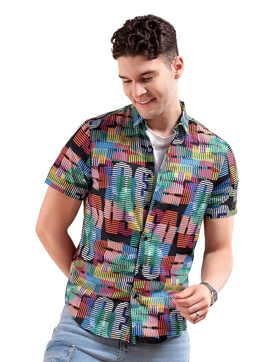 The Indian Garage Co Men's Cotton Regular Fit Abstract Printed Half Sleeves Cutaway Collar Street Wear Shirt
