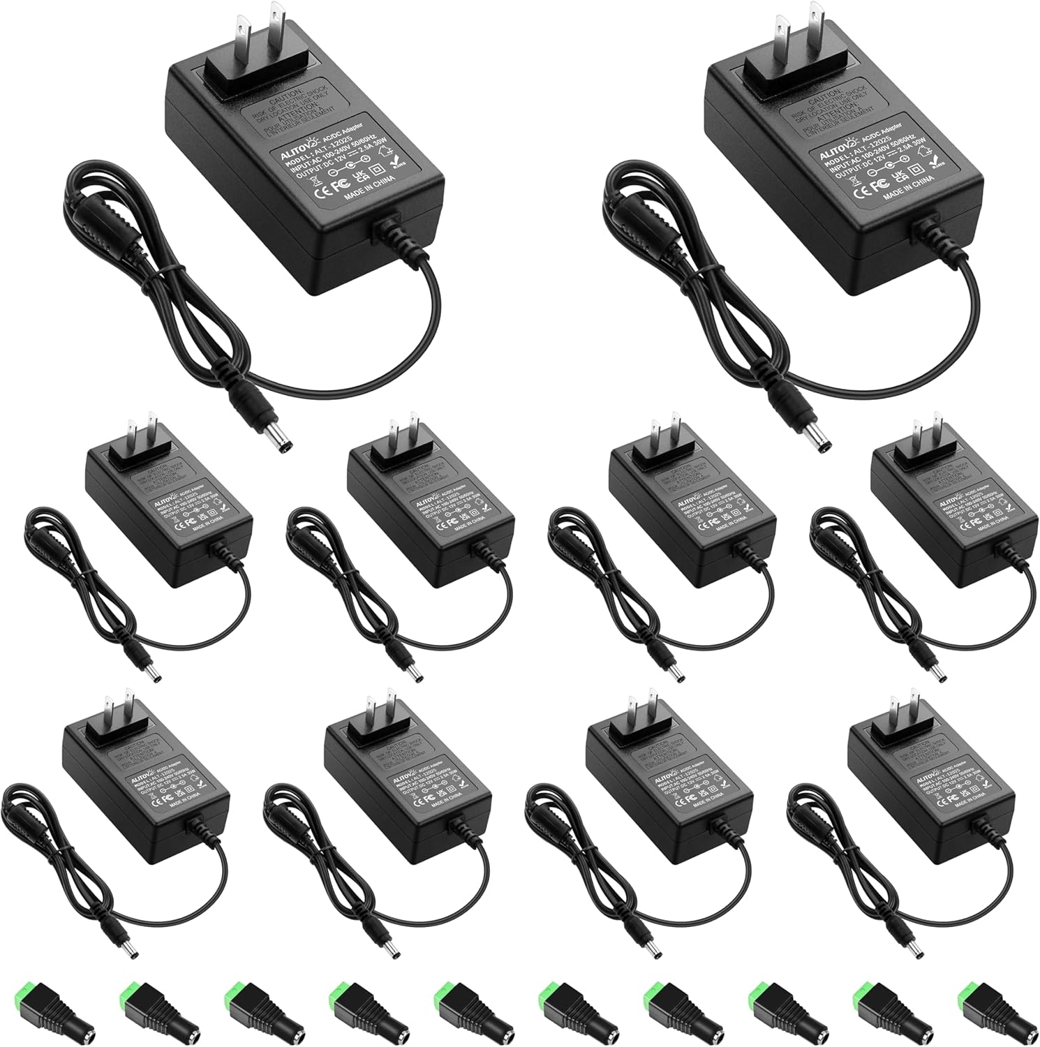 ALITOVE 12 Volt Power Supply 30W AC Adapter 100~240V to DC 12V 2.5A Converter 4.92FT Power Cord 5.5 x 2.5mm/2.1mm Output Jack for LED Strip Lights CCTV Camera Routers Sceptre Monitor (10 Pack)