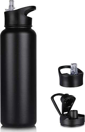 Miniatura 56 de Paquete de 8 botellas de agua deportivas de acero inoxidable con aislamiento de 32 oz, botellas de agua con tapa de pajita y tapas de boca ancha,