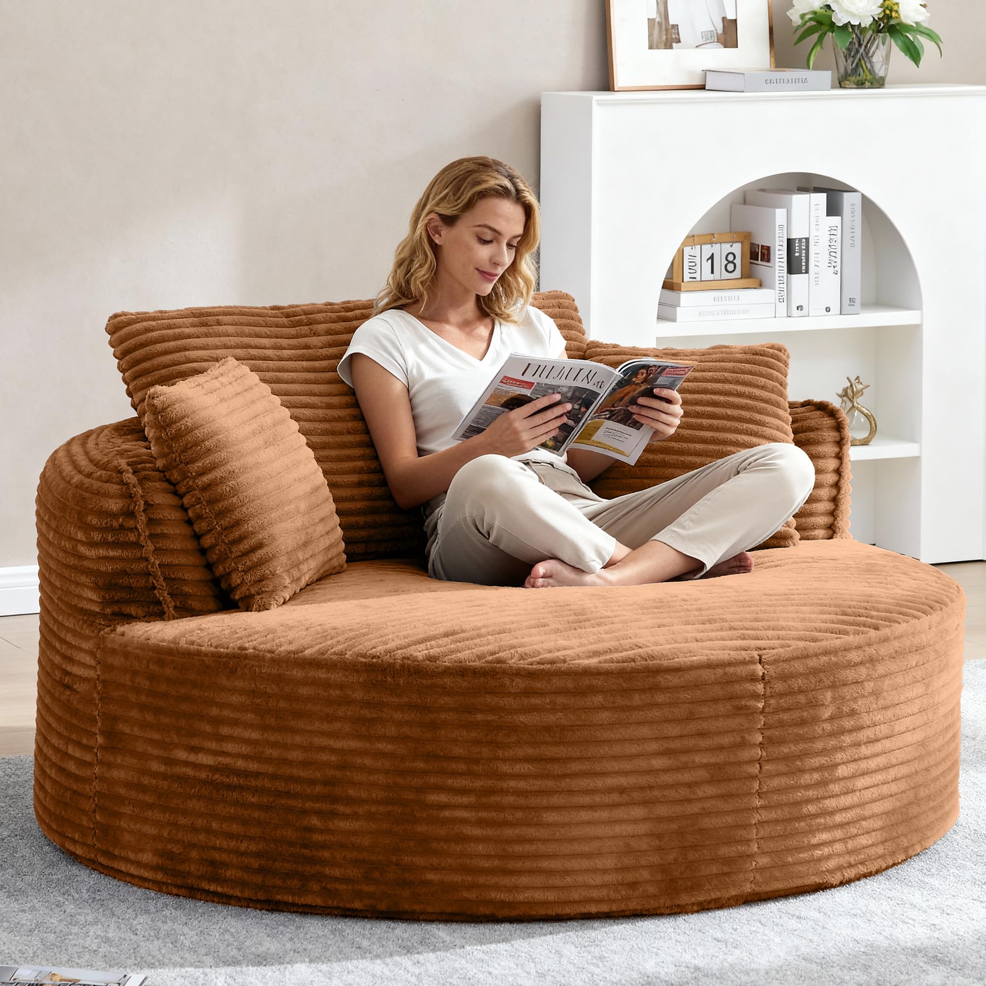 Oversized Round Chair Lounge Chaise Indoor, 53.5" Upholstered Corduroy Deep Seat Single Cloud Sofa Chair, Fluffy Modern Large Circle Boneless Sleeper Sofa for Living Room, Bedroom, Orange