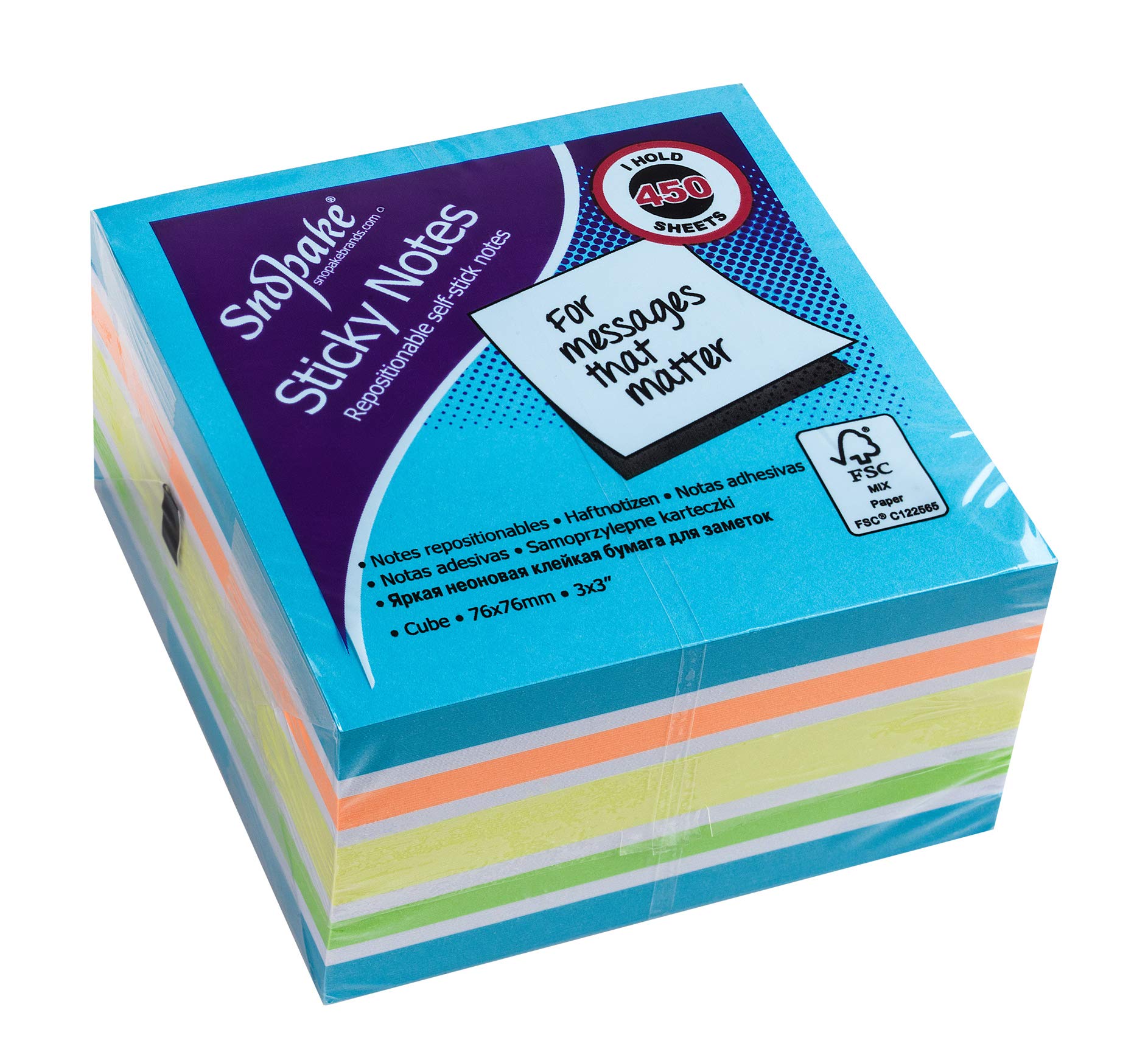 Snopake15847 76 x 76 mm Rainbow NeonMix Sticky Notes (Pack of 450 Sheets) [Blue Rainbow]
