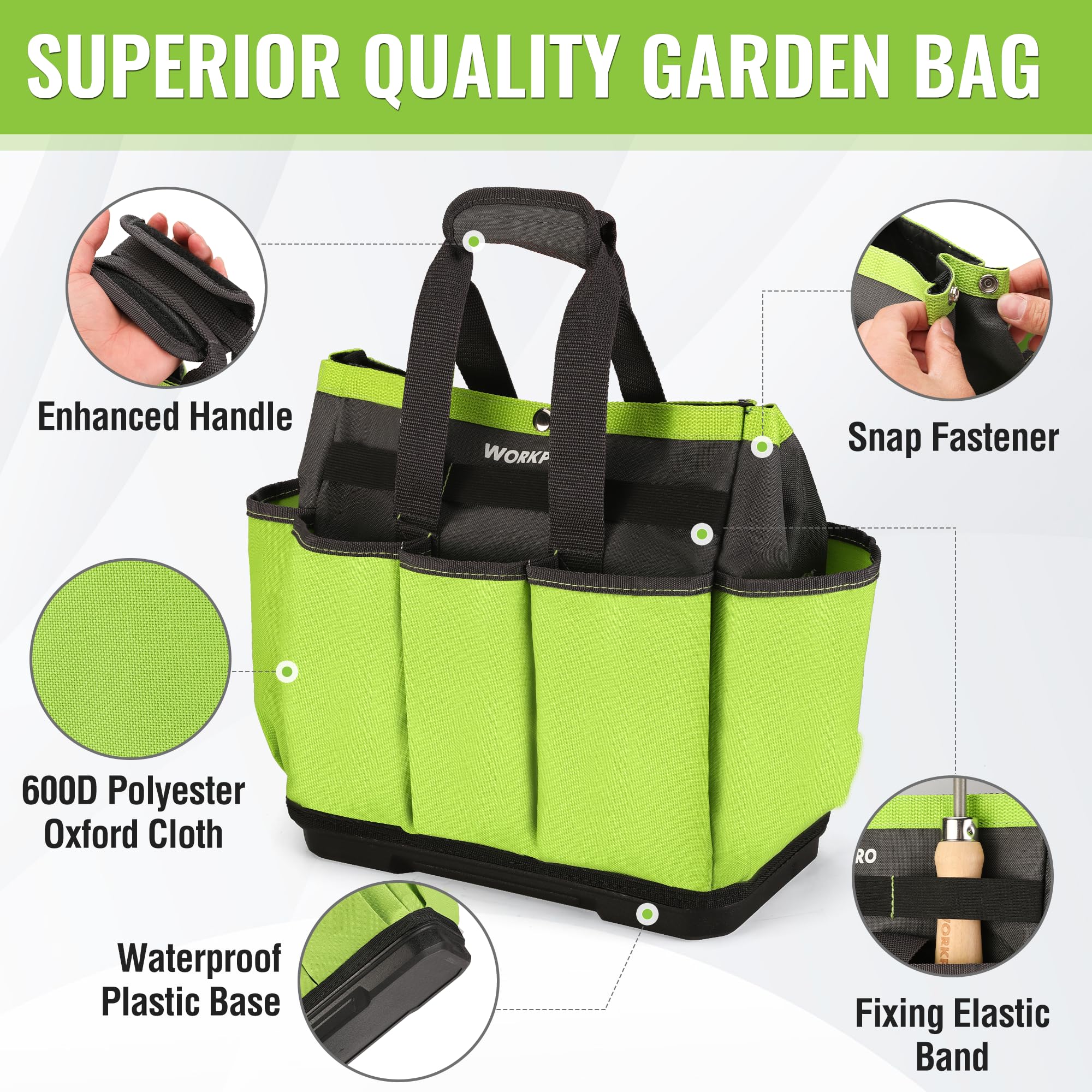 Bolsa de herramientas de jardín con base de plástico impermeable, bolsa de jardinería de 8 bolsillos, organizador de jardín Oxford resistente, soporte para kit de herramientas de jardinería 3