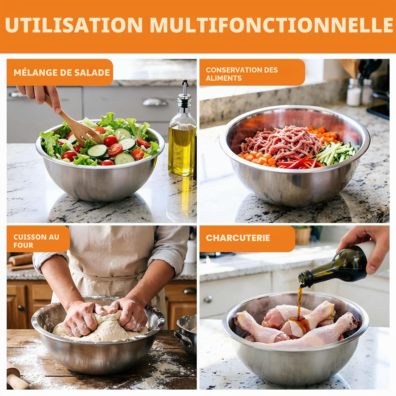 Lot de 5 Cul de Poule Inox, Saladiers en Acier Inoxydable, Bol Inox Cuisine Bowl de Mélange 5 Saladiers de Tailles Différentes 0.6 l, 0.9 l, 1.6 l, 2 l, 2.6 l