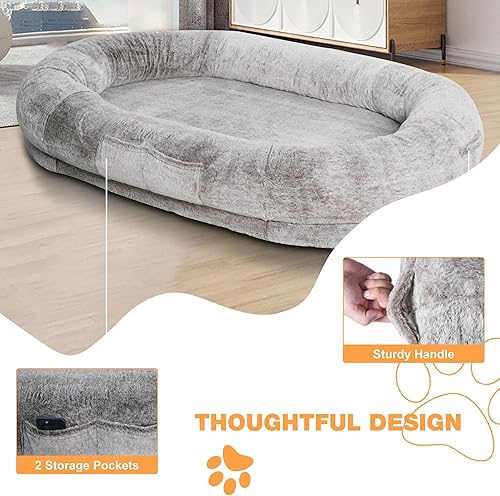 Miniatura 7 de Cama humana grande para perros, cama ortopédica para perros adultos y mascotas con funda extraíble lavable, asa y bolsillos, manta de regalo y