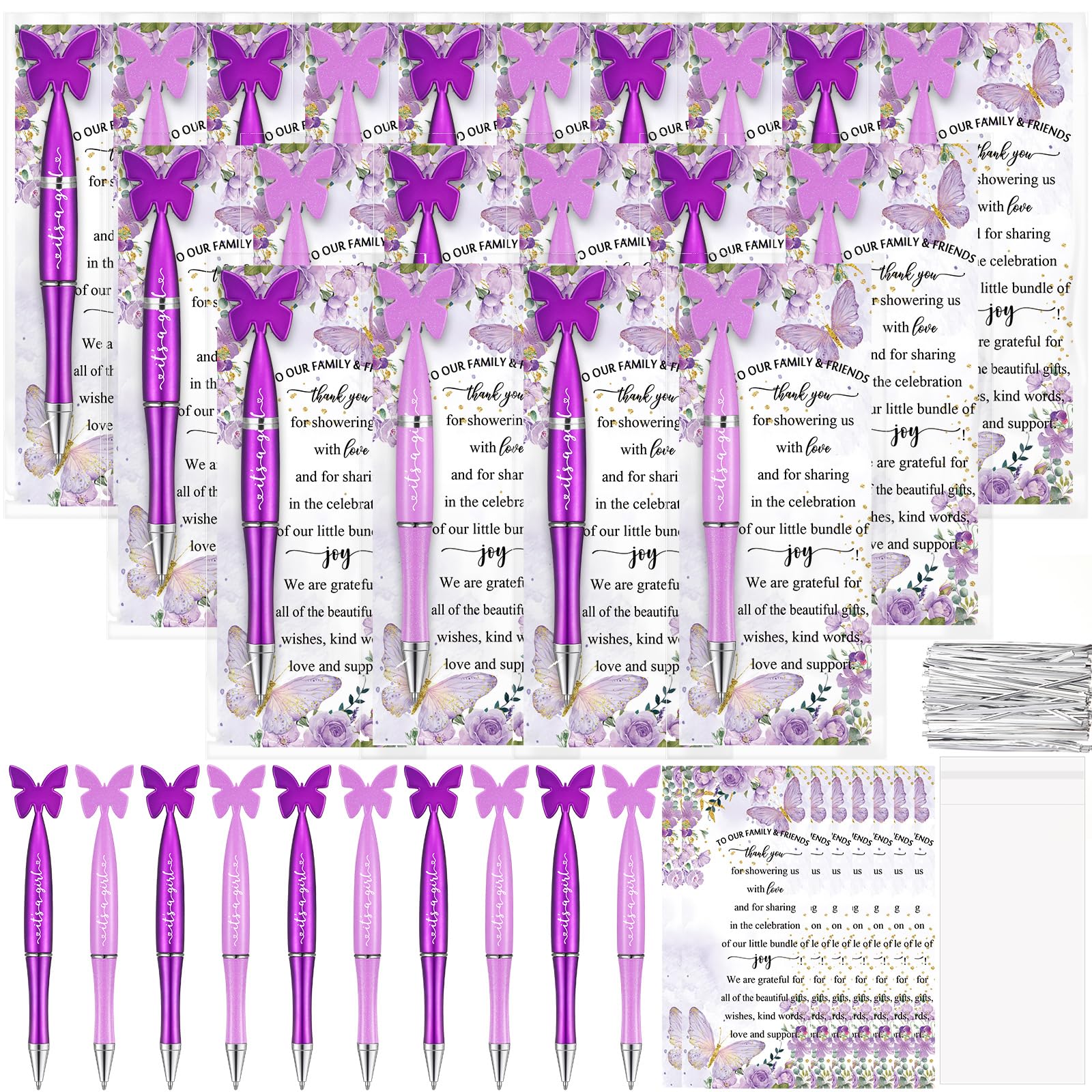 Spakon 60 Set Butterfly Favors for Guest Butterfly Ballpoint Pens Thanks You Cards Gifts Bulk for Souvenirs Prizes Wedding Party Favors(Purple)