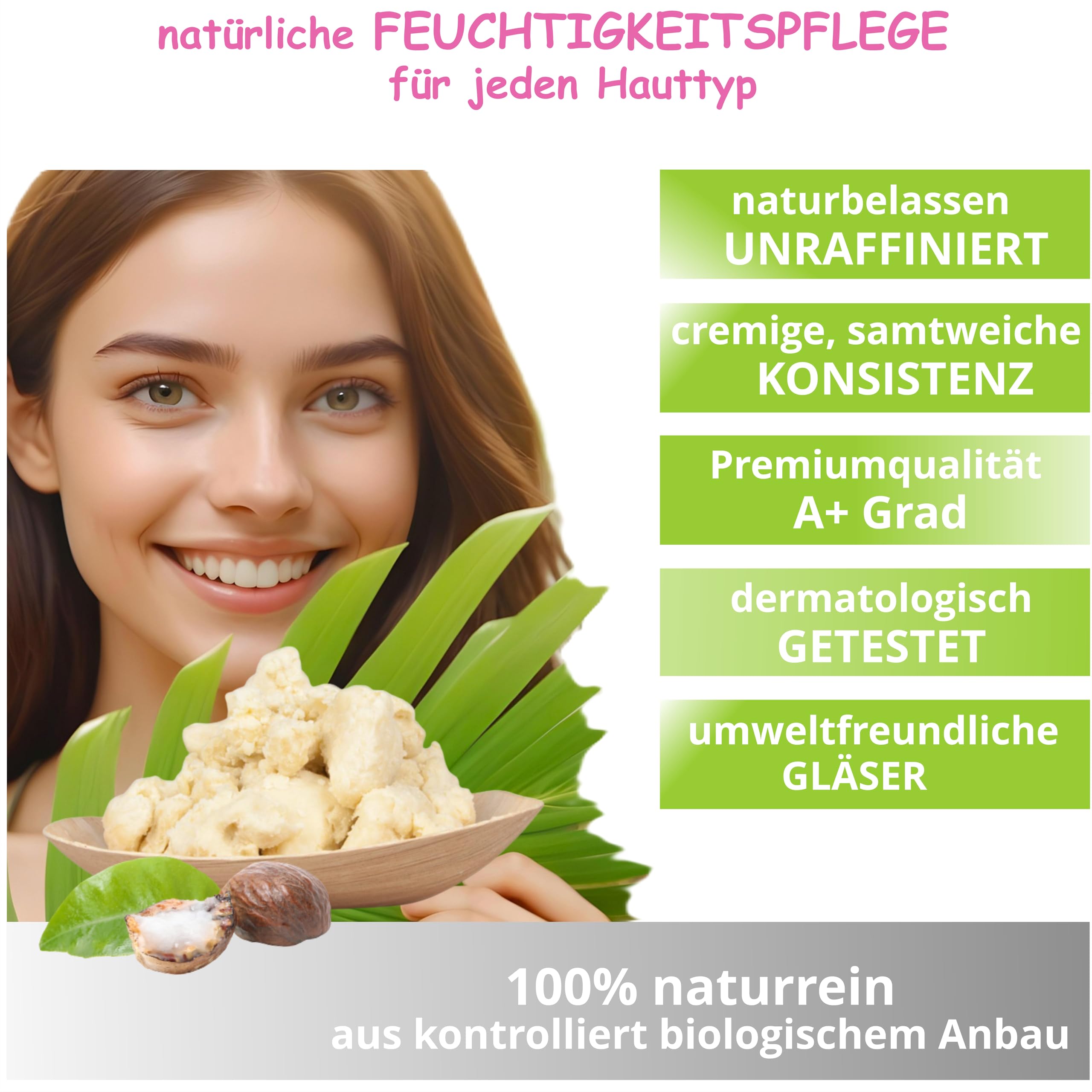 Bio Sheabutter (2x500ml) GLAS-Unraffiniert -Naturbelassen Ohne Zusätze Vegan Parfümfrei- 100% Reine Bio-Sheabutter Plastikfrei im Glas -Shea Butter- Premium Qualität (A+)