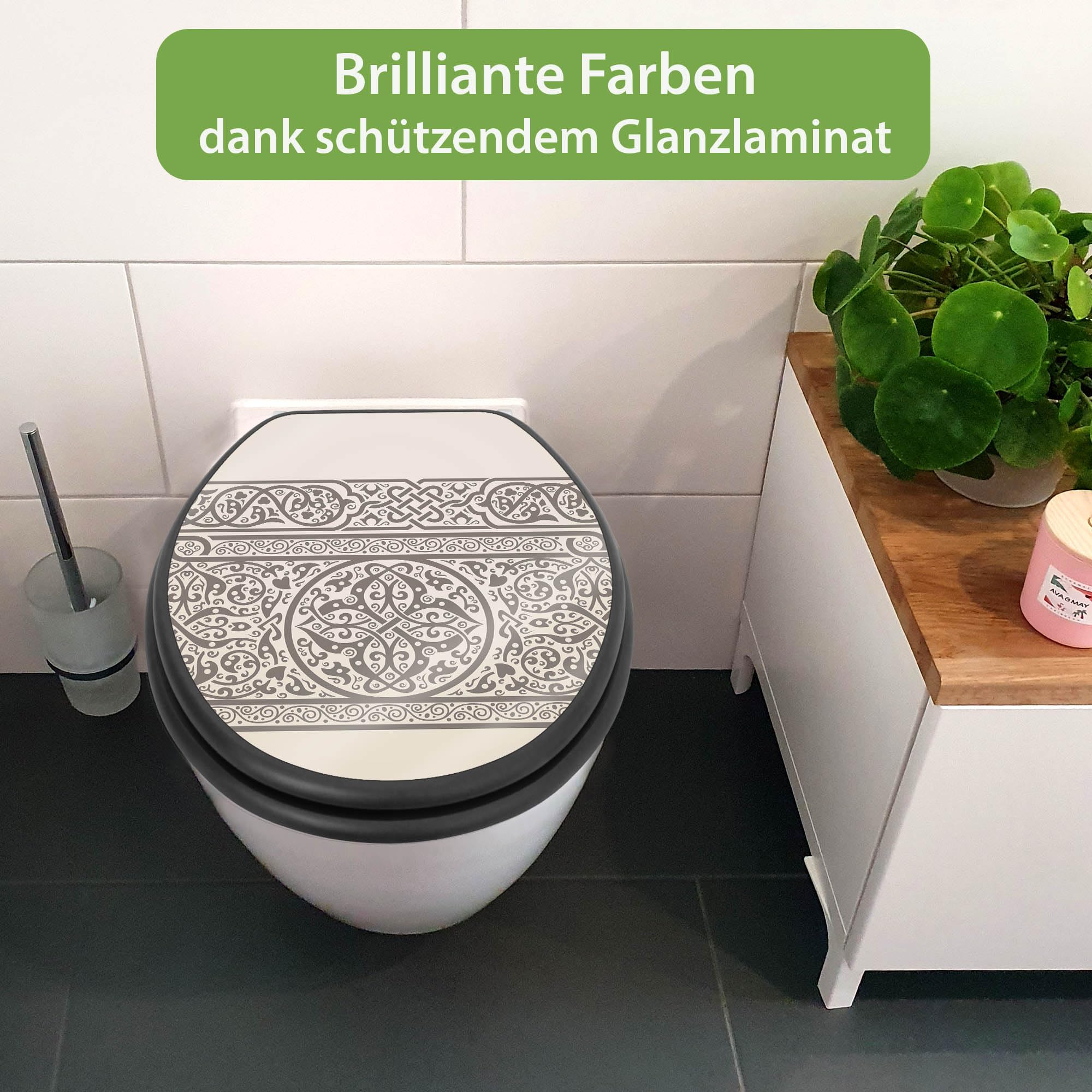 banjado WC Sitz Abstrakt & Muster - Absenkautomatik leise - 38 x 46,5 cm O-Form - MDF Holz Toilettendeckel anthrazit - Klositz grau pflegeleicht mit Softclose - Motiv Keltischer Knoten