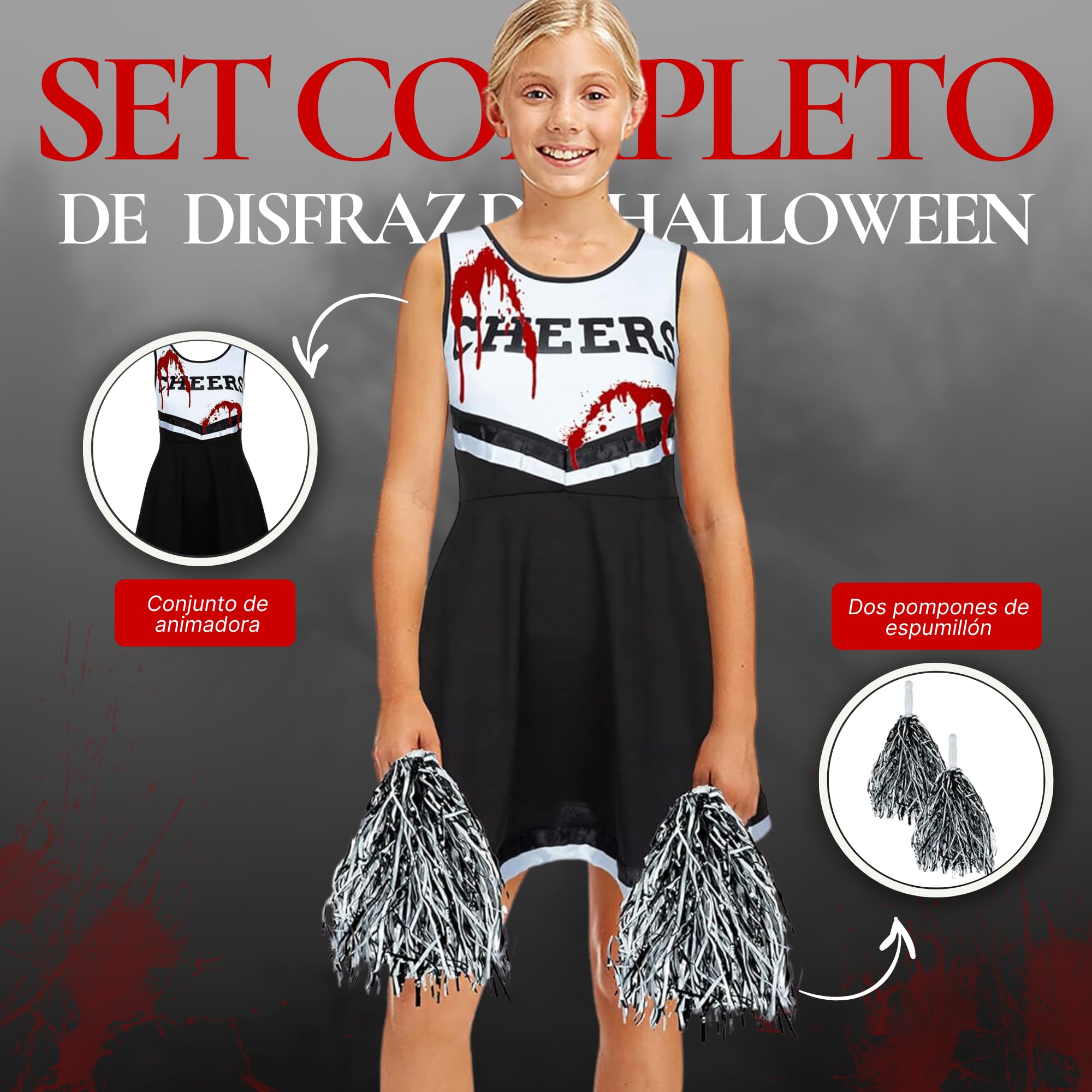 REDSTAR Dziewczyny Halloween Zombie Cheerleader Dead fantazyjny kostium dla dzieci uczennica upiorne dziecko zombie z tubą sztucznej krwi - kostiumy na Halloween imprezy