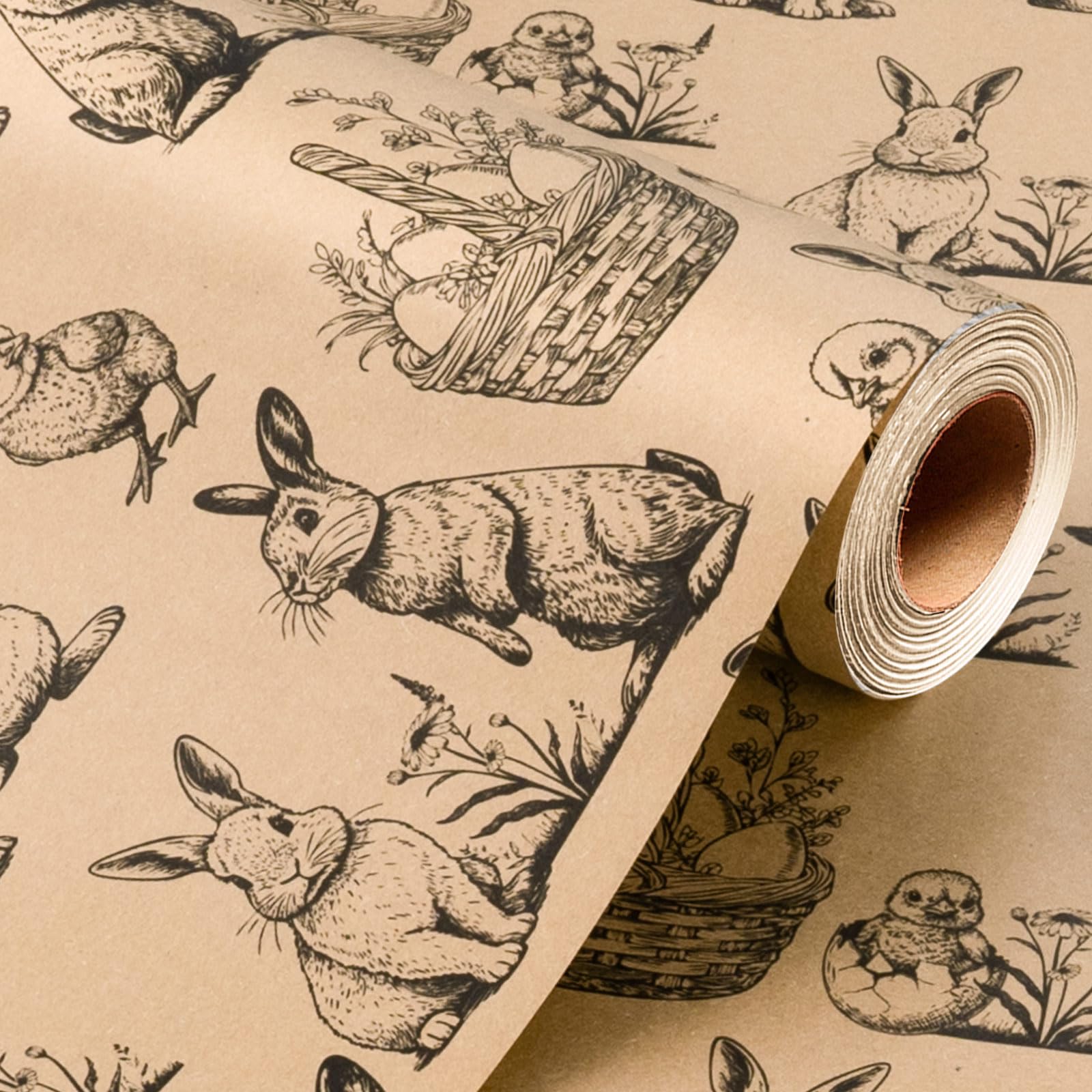 Wikadlik Kraft Easter Wrapping Paper Roll with Cut Lines on Reverse - Bunny Chickens Pattern Gift Wrap for Festive Crafts and Decorations - 43cm x 10m