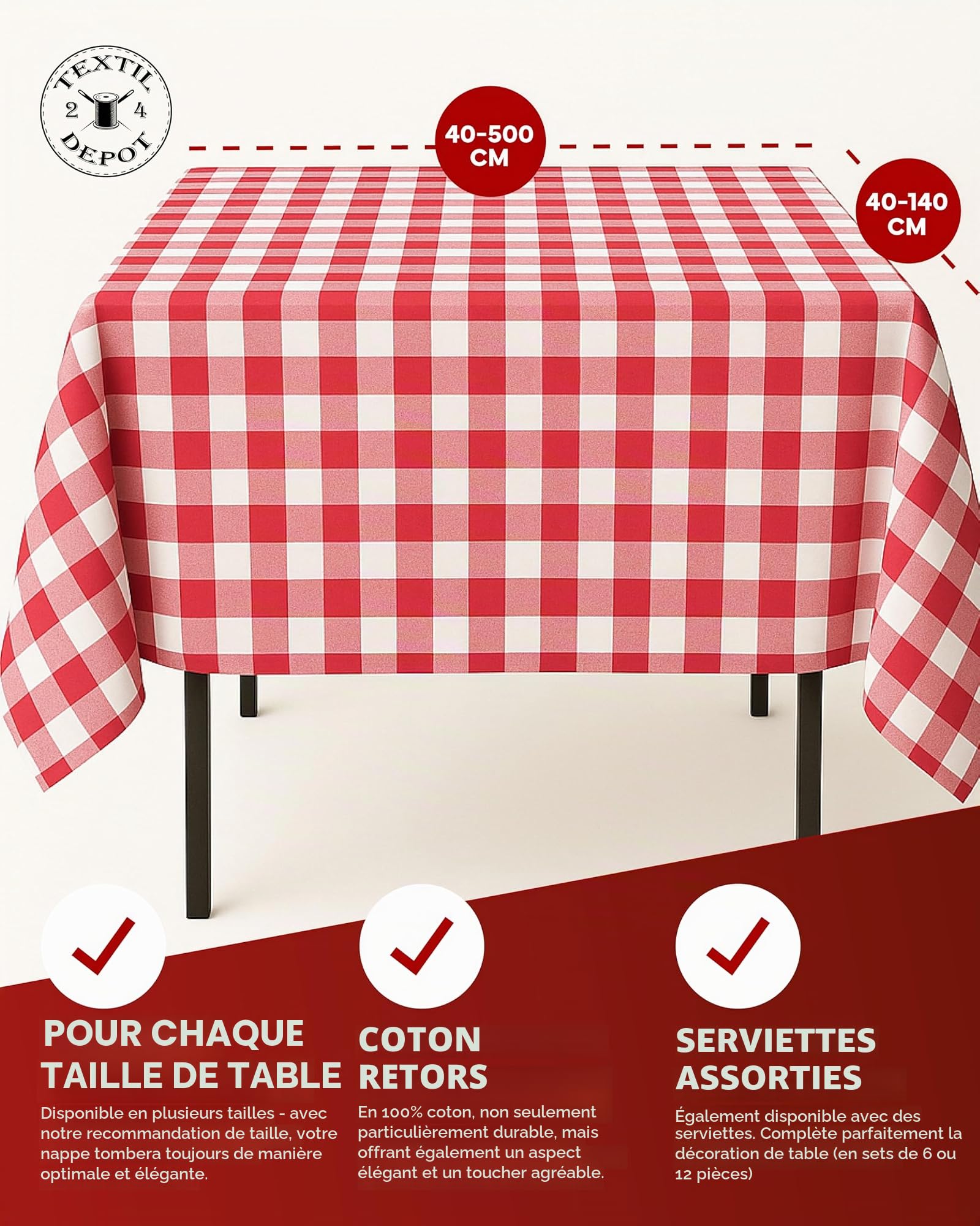 Lot de 12 Serviettes de Table à Carreaux Rouges et Blancs - 20 mm - 100% Coton - 60 x 60 cm