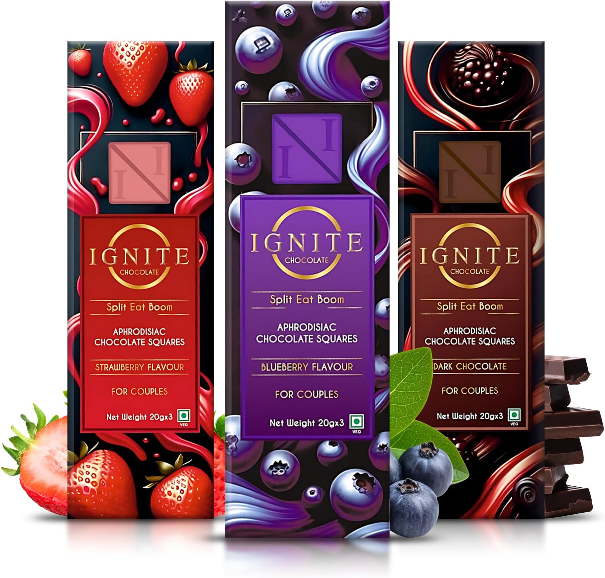 MBDH Wellness Ignite Chocolate Bars for Couples - Dark Chocolate, Blueberry & Strawberry Flavors - Favorable Treat for Date Night, Valentine's & Special Moments - Supports Wellness, Balance & Energy