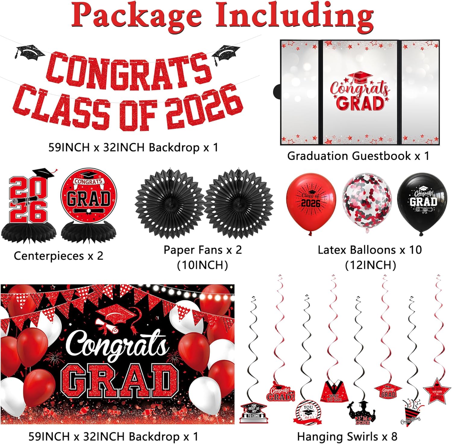 Trgowaul 2026 Graduation Party Decorations, Black Red Class of 2026 Guest Book Alternative, Grad Banner Backdrop, Congrats Grad Signature Certificate Board, Paper Fan, Graduation Party Supplies Favors