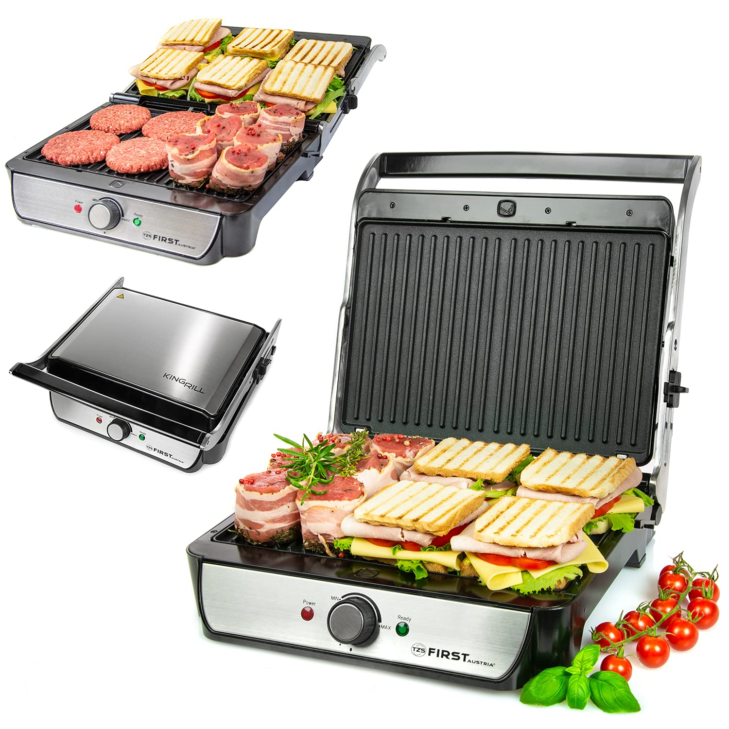 TZS First Austria Tischgrill, Elektrogrill für den Tischgebrauch, Grillplatte für Fleisch & Gemüse, 180°-Öffnung, Kontaktgrill mit Antihaftbeschichtung, in Schwarz/Edelstahl, 900 W