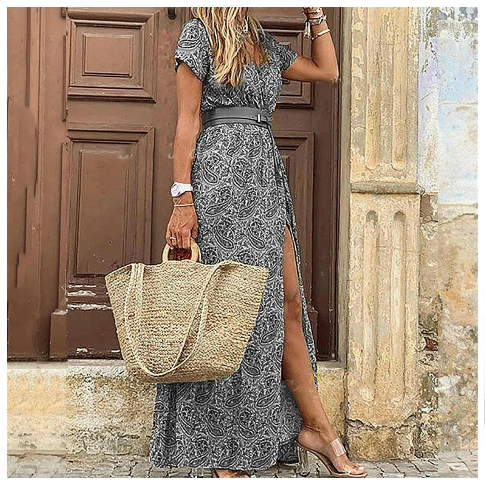 Gonna Lunga Abito Lungo per Donne Summer Beach Abiti Bohémien, Abiti da Veste Casual con Gonna Floreale-Khaki-m