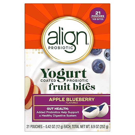Align Probiotic, Yogurt Coated Probiotic Fruit Bites, Helps Support Digestive Health, From the Maker of the #1 Doctor Recommended Probiotic Brand‡, Apple Blueberry Flavor, 21 Pouches