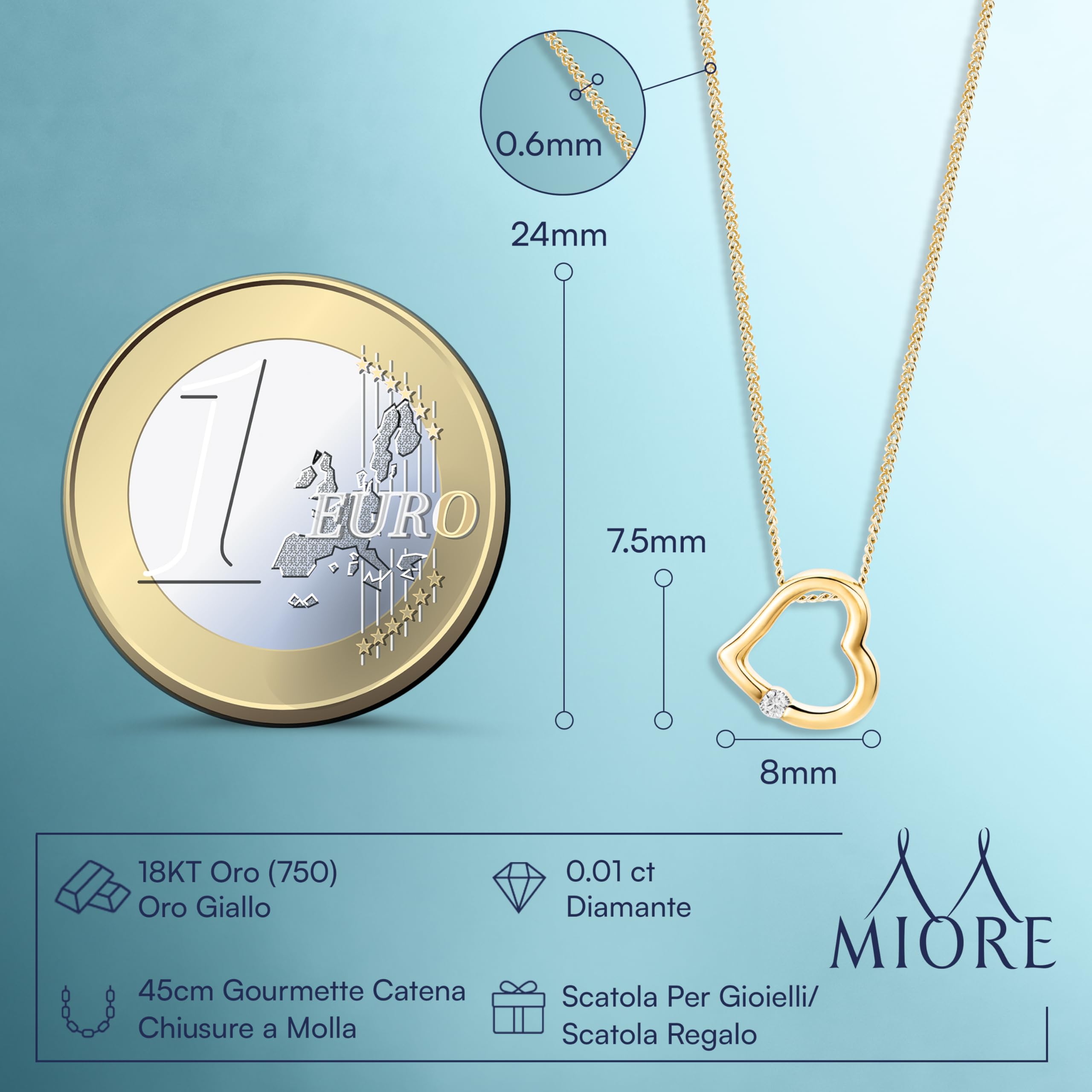 MIORE - Collana Donna Oro Giallo Vero 18KT 750 - Diamante Naturale, Ciondolo Cuore Pendente con Catena, Collana anallergica Catenina lunga Cm. 45