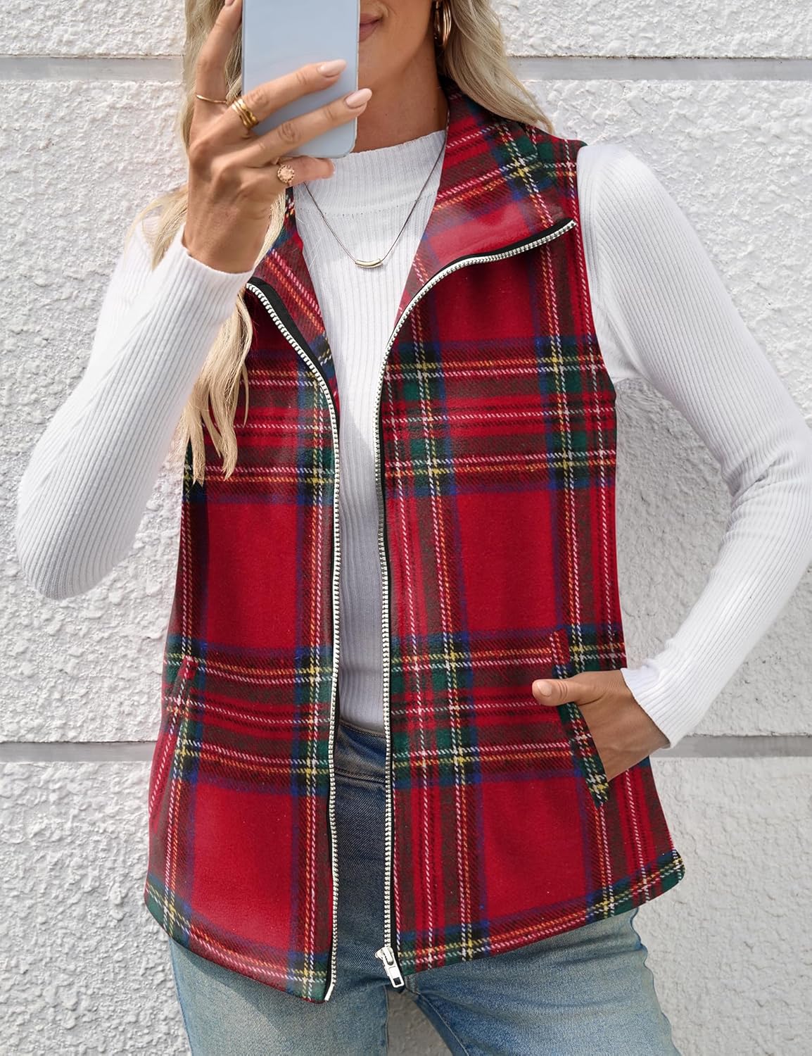 Rapbin Women's Plaid Outerwear Vests Tops Zip Up Collared Sleeveless Jacket with Pockects - Image 4