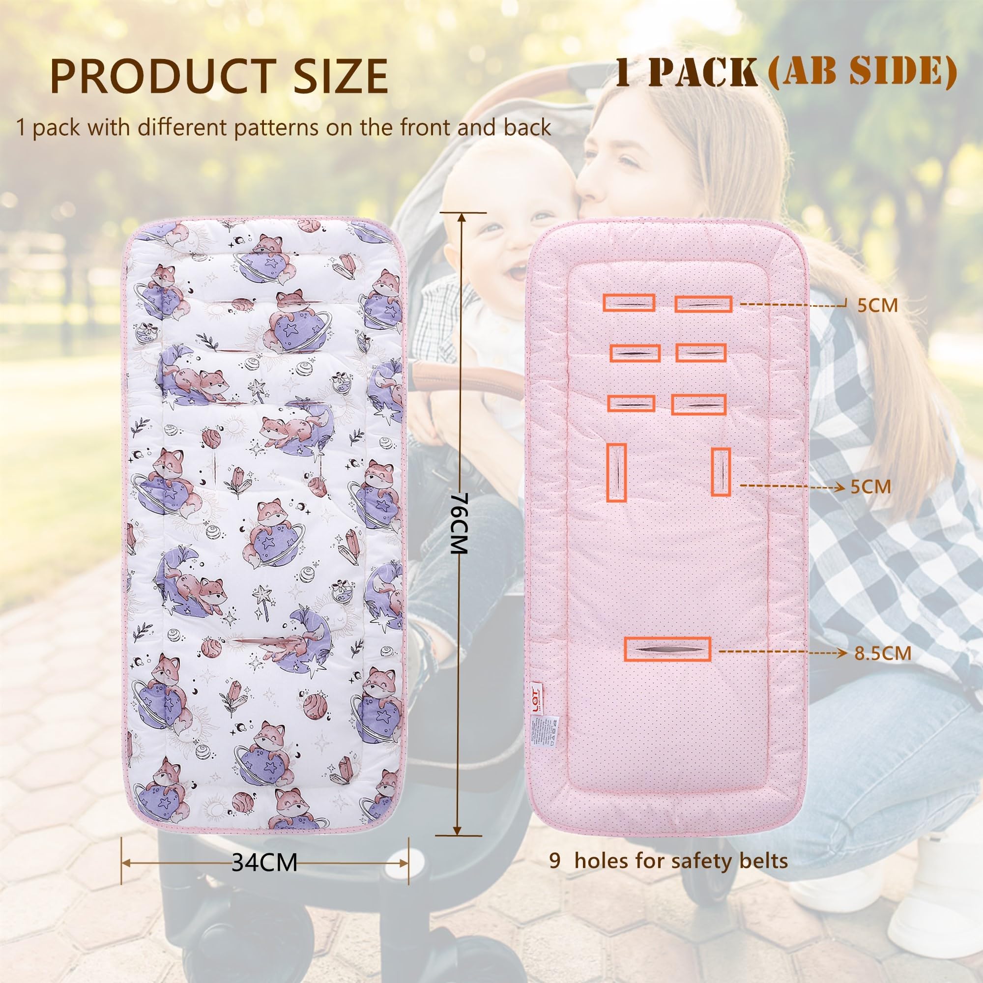 Baby Pushchair Seat Liners,Pram Liner Universal Fit for Most Pushchairs,100% Cotton Double-Sided Baby Stroller Cushion Pad,Stroller Seat Cover for Toddler Infant 1 Pack,78x34cm(Fox+Pink Dots) - Image 2