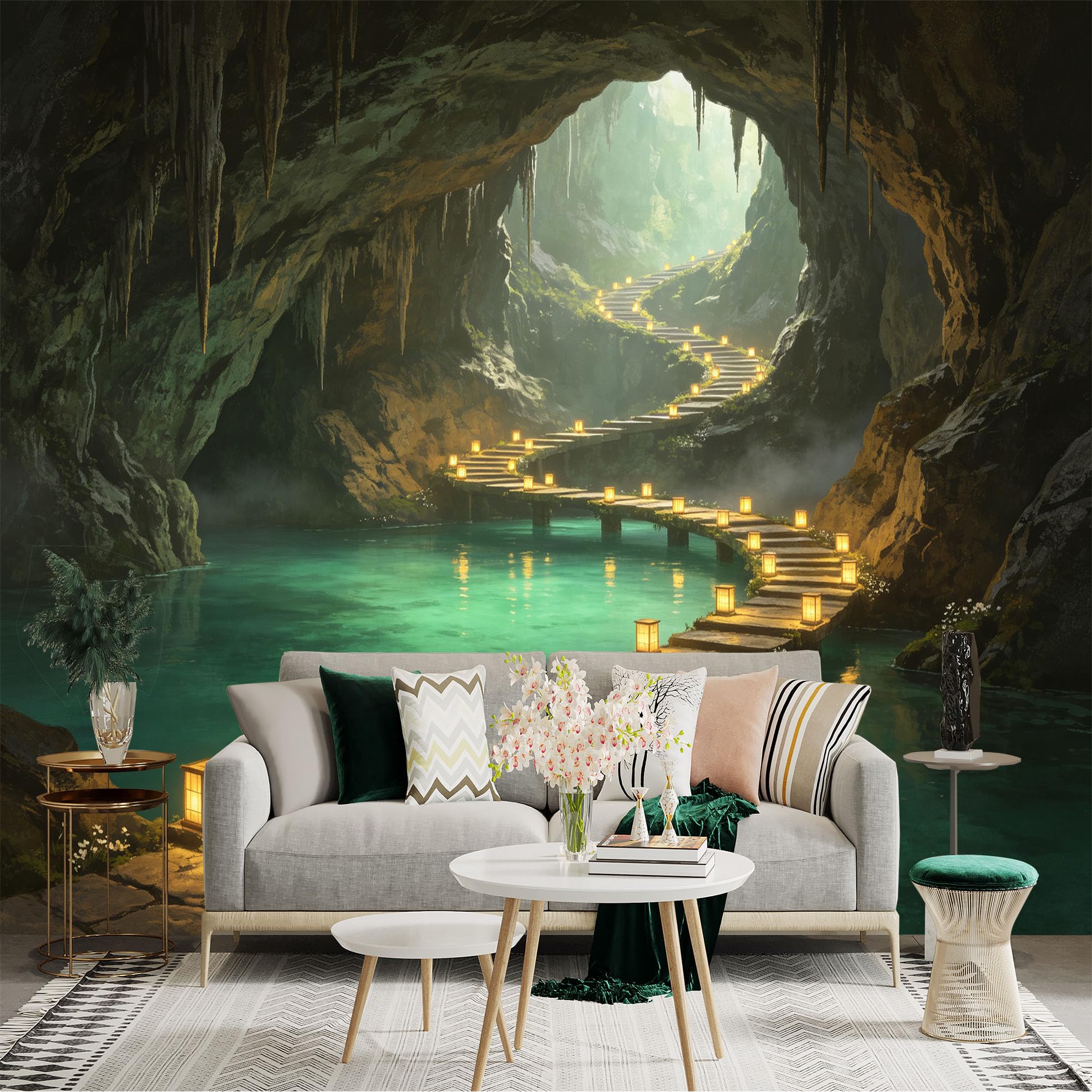 Custom Size Wall Sticker Mural， Enchanted Cave with Glowing Lantern Path， Serene Underground River， Magical Stone Bridge， Fantasy Landscape， for wall Decoration， peelandstick wall Decals.