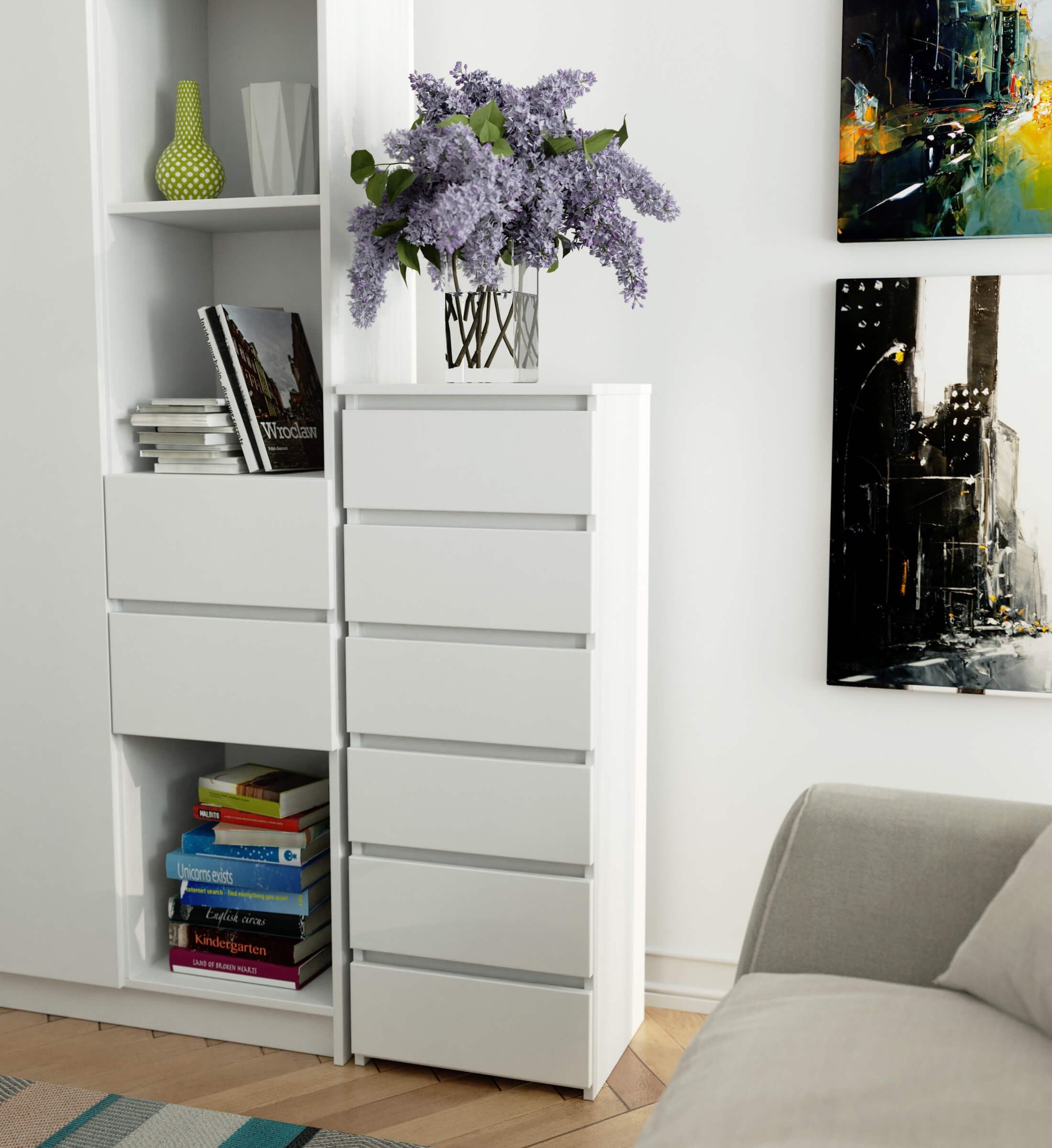 AKORD | Cassettiera a 6 Cassetti | Credenza Alta | Moderna Mobiletto per Soggiorno Sala da Pranzo Camera da Letto Corridoio Bagno | Armadio Cameretta | 35x40x109 cm | Bianco