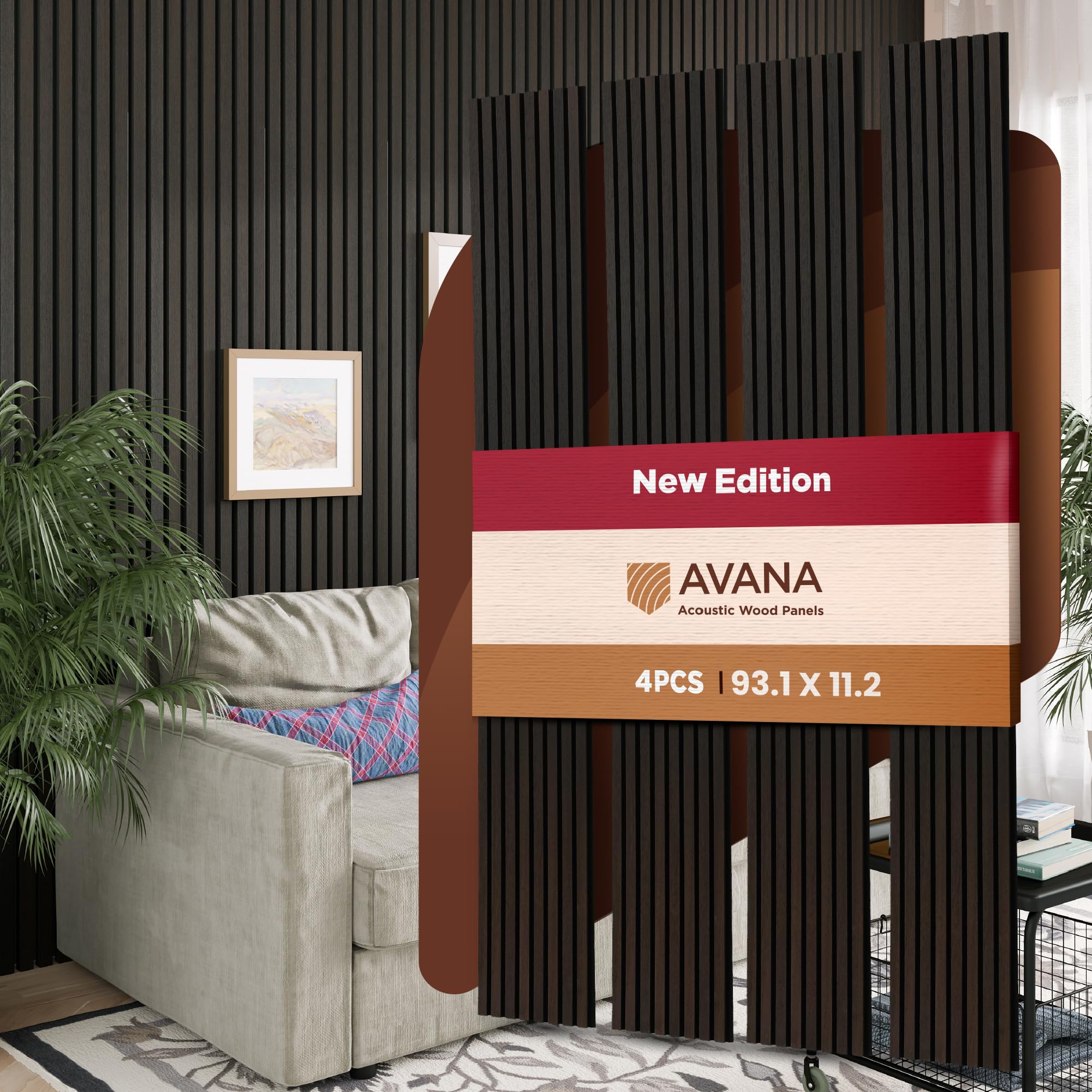Photo 1 of ***FACTORY SEALED - OPENED FOR INSPECTION***Avana Acoustic Wood Wall Panels – 93.2x11.25 Inch Panels – Fits 94x12 Layout – Smoke Oak Acoustic Panels 4 PCs – Wall Panels for Interior Wall Decor for Homes, Offices – Sturdy Wood Panels for Wall